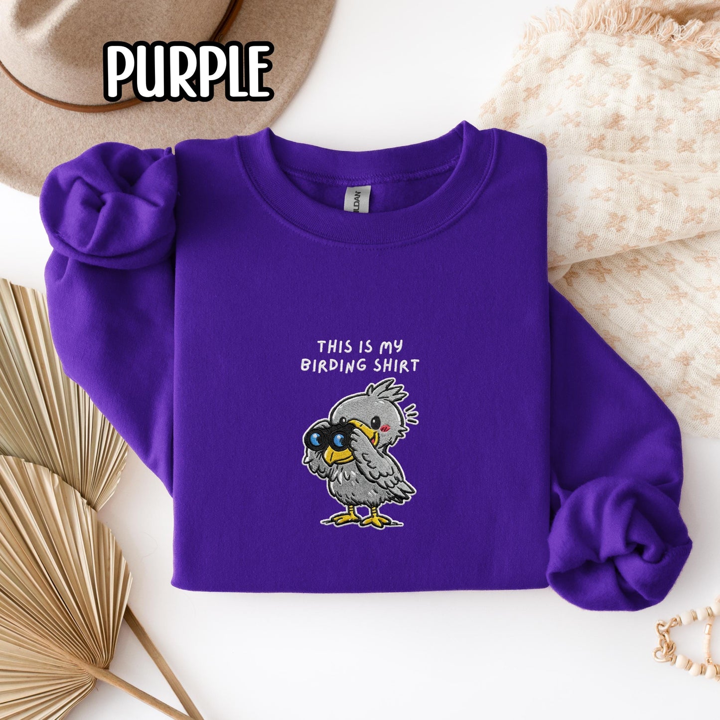 Shoebill With Binoculars Embroidered Birding Sweatshirt, Wildlife Lake Shirt Gift for Bird Lovers