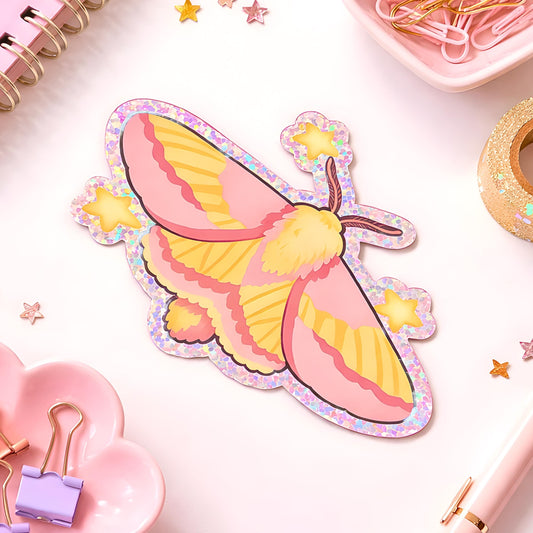 Rosy Maple Moth Sticker, Glitter Waterproof Sticker, Whimsigoth Gift for Nature Lovers
