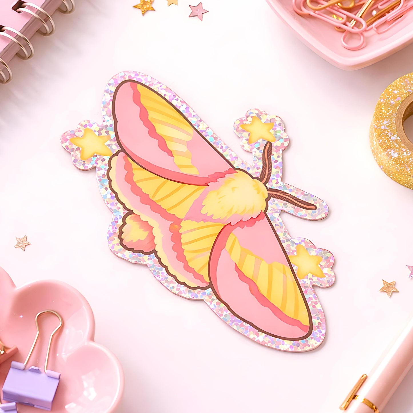 Rosy Maple Moth Sticker, Glitter Waterproof Sticker, Whimsigoth Gift for Nature Lovers