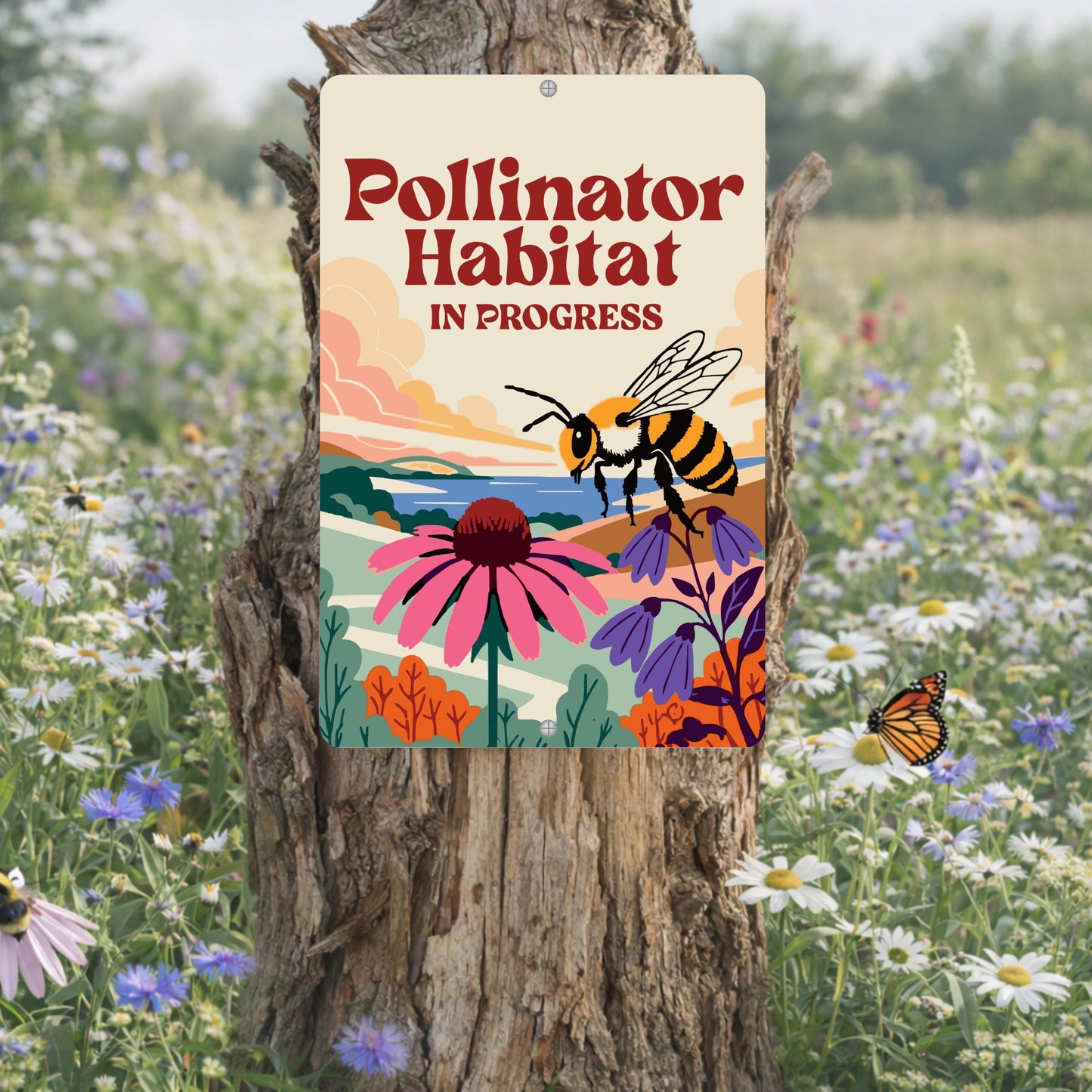 Pollinator Habitat In Progress Sign, 8x12 12x18 Bee Metal Illustration, Gift for Gardener
