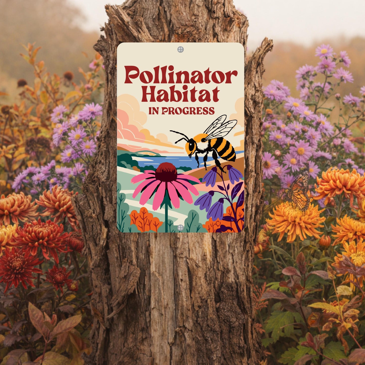 Pollinator Habitat In Progress Sign, 8x12 12x18 Bee Metal Illustration, Gift for Gardener