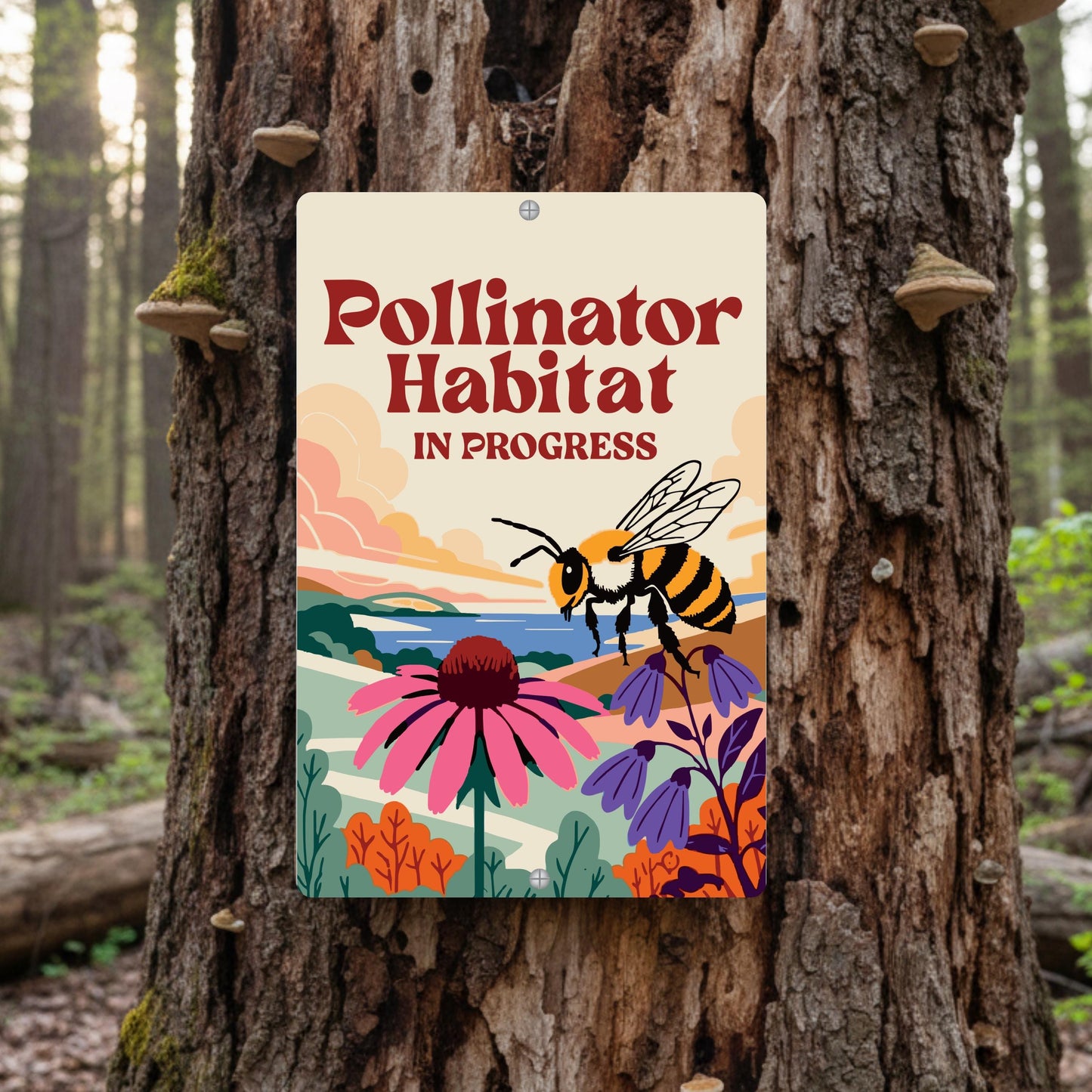 Pollinator Habitat In Progress Sign, 8x12 12x18 Bee Metal Illustration, Gift for Gardener