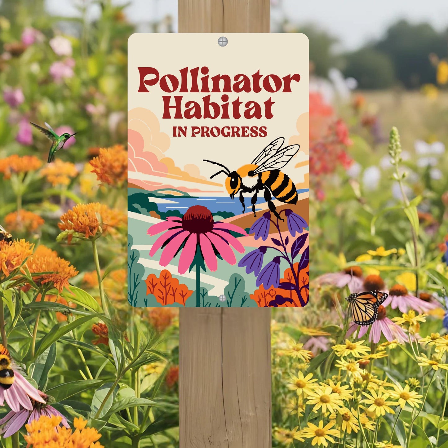 Pollinator Habitat In Progress Sign, 8x12 12x18 Bee Metal Illustration, Gift for Gardener