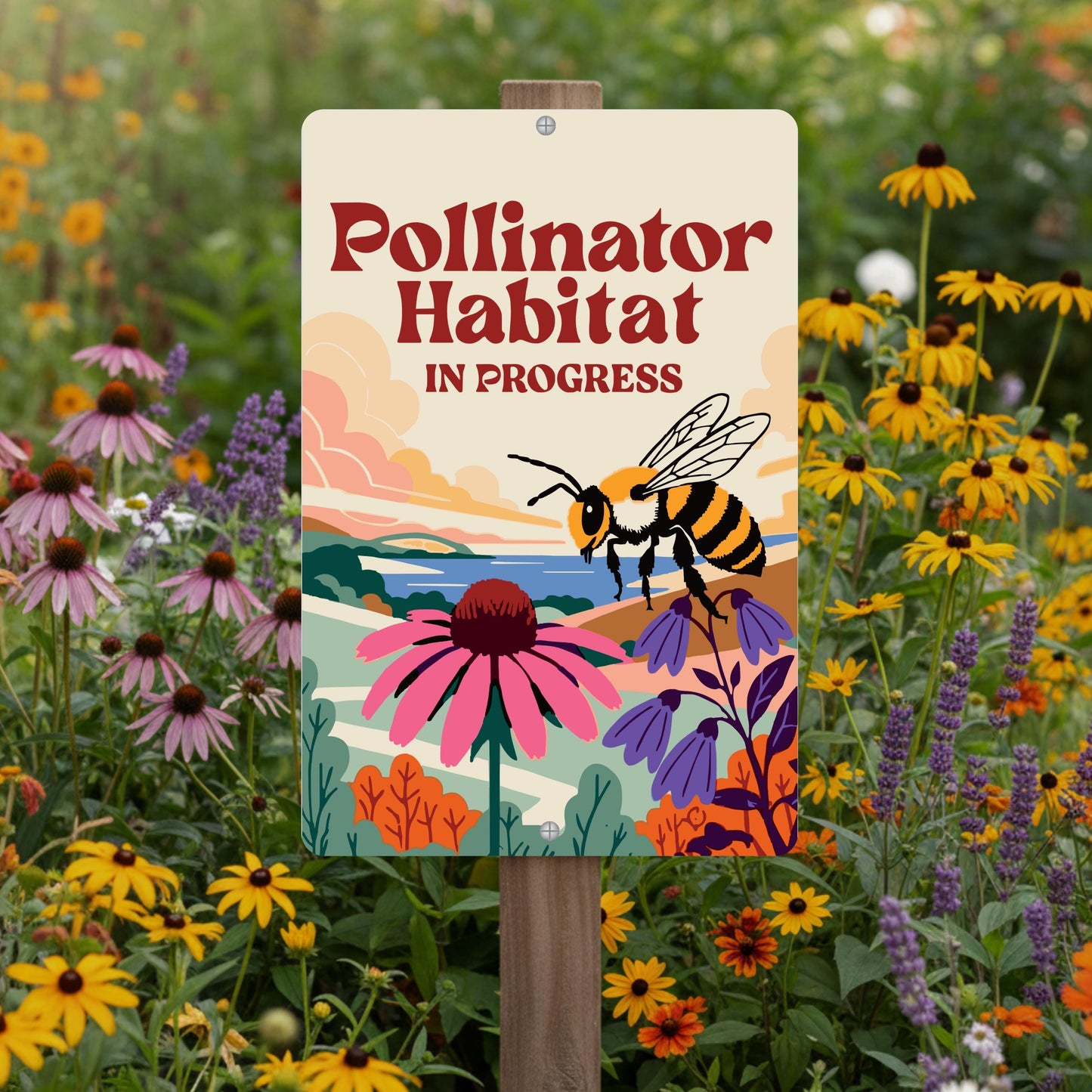 Pollinator Habitat In Progress Sign, 8x12 12x18 Bee Metal Illustration, Gift for Gardener