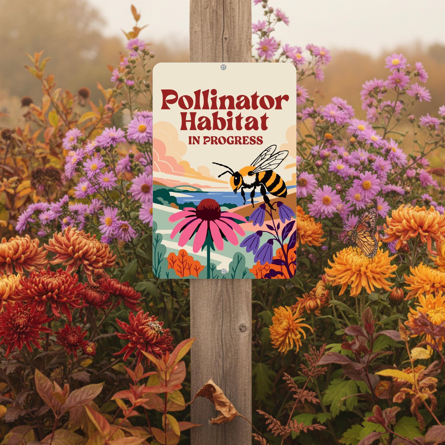 Pollinator Habitat In Progress Sign, 8x12 12x18 Bee Metal Illustration, Gift for Gardener
