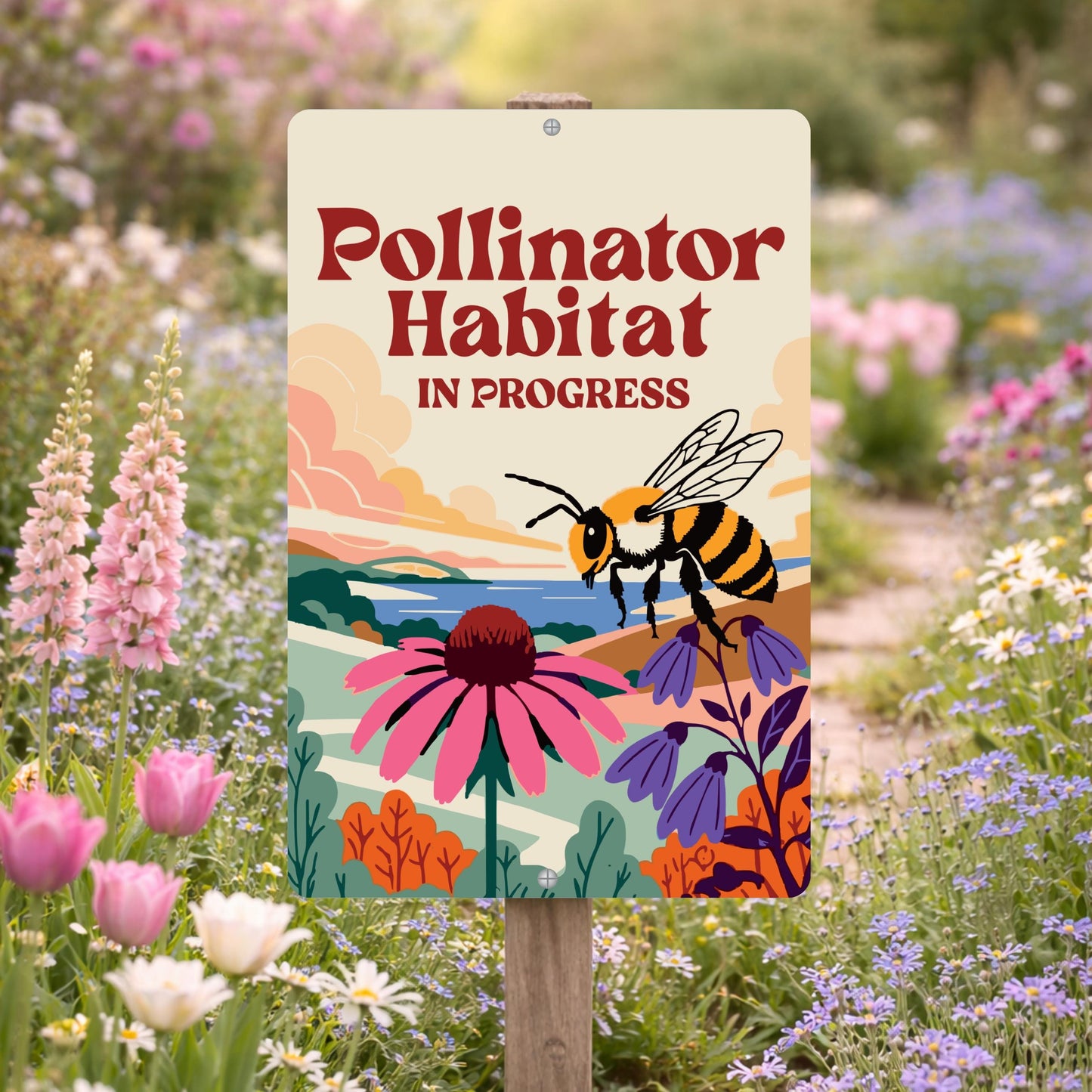 Pollinator Habitat In Progress Sign, 8x12 12x18 Bee Metal Illustration, Gift for Gardener