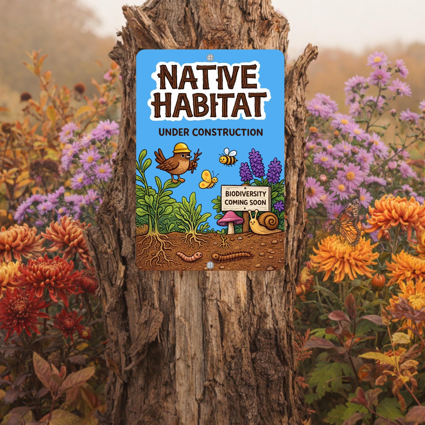 Native Habitat Under Construction Sign, 8x12 12x18 Outdoor Rated Aluminum Sign, Gift for Gardener