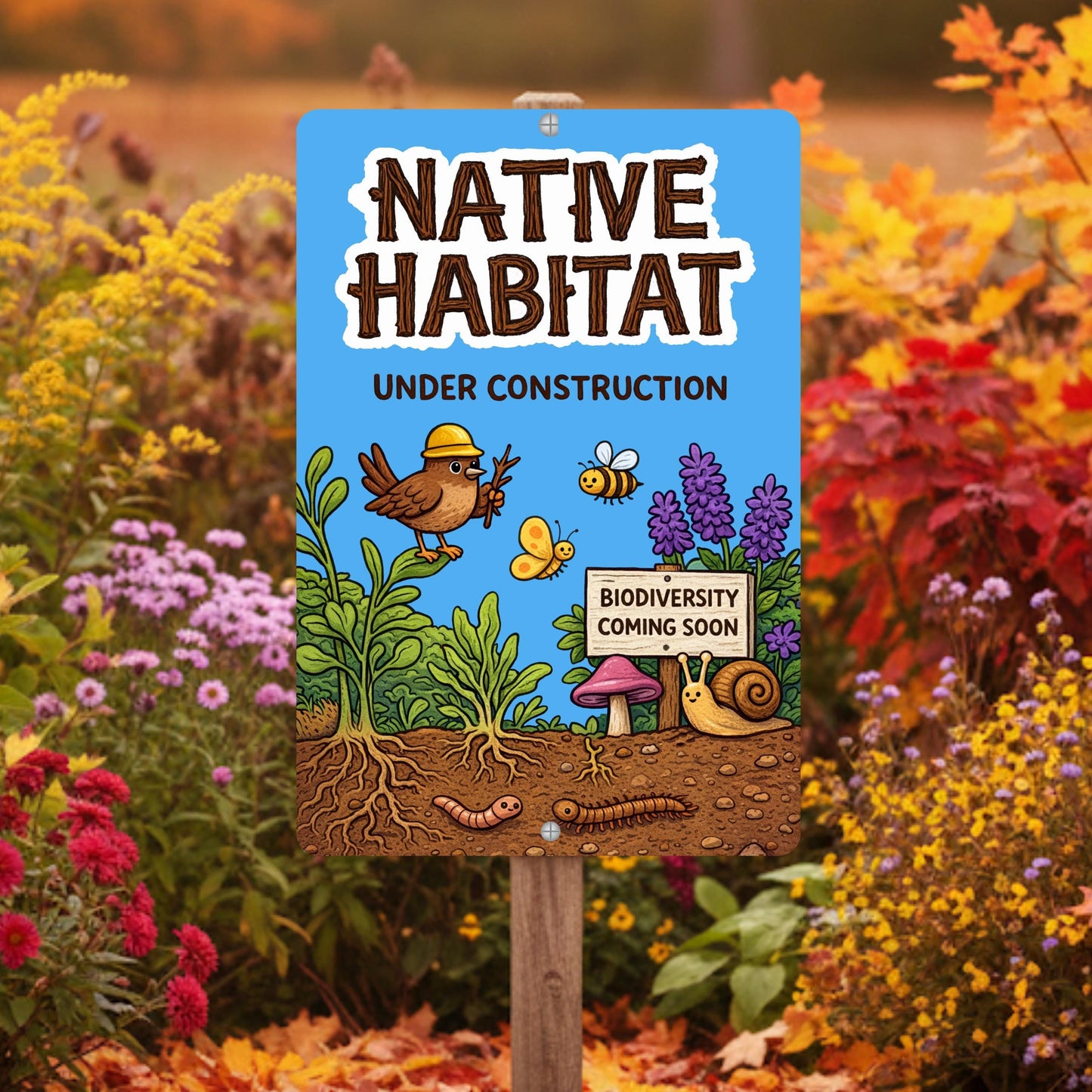 Native Habitat Under Construction Sign, 8x12 12x18 Outdoor Rated Aluminum Sign, Gift for Gardener