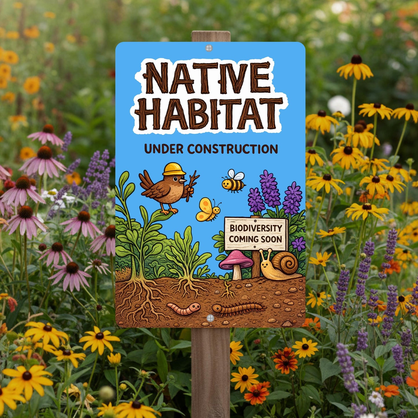 Native Habitat Under Construction Sign, 8x12 12x18 Outdoor Rated Aluminum Sign, Gift for Gardener
