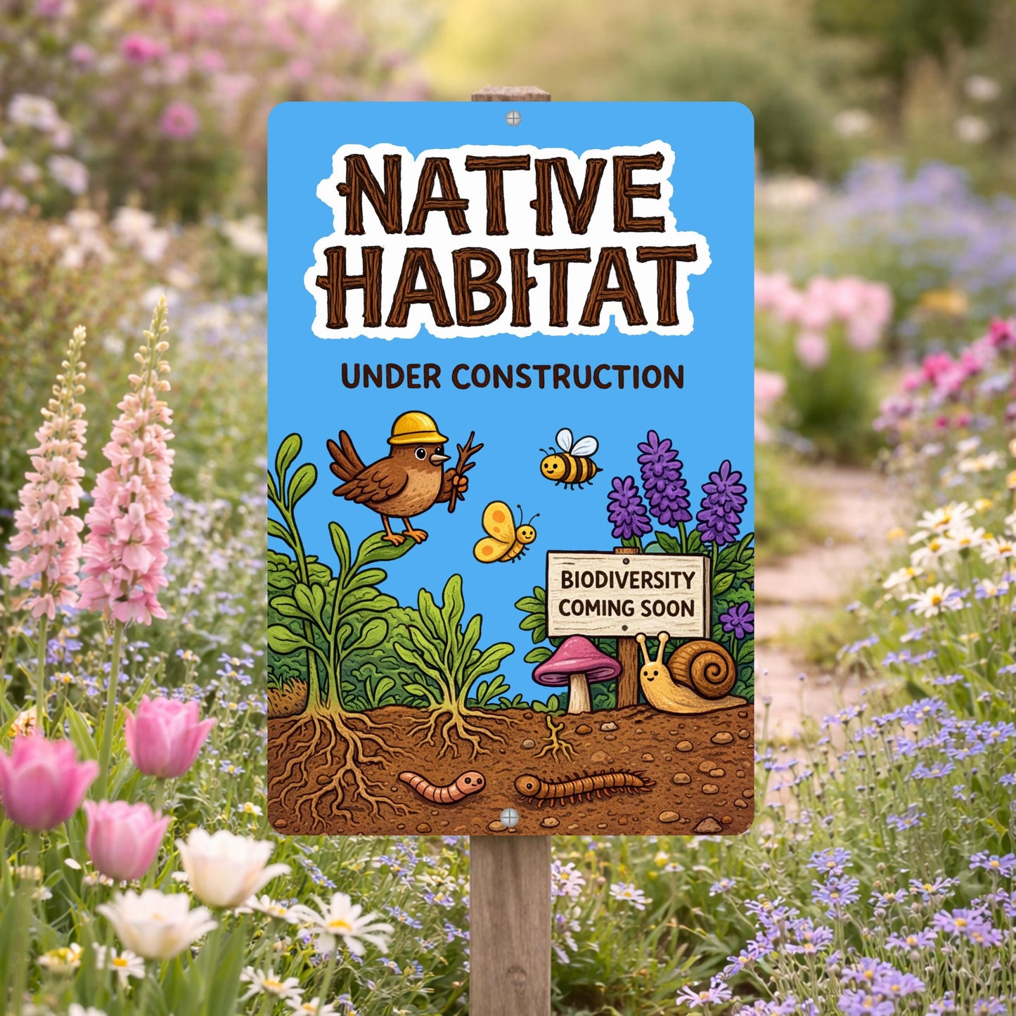 Native Habitat Under Construction Sign, 8x12 12x18 Outdoor Rated Aluminum Sign, Gift for Gardener