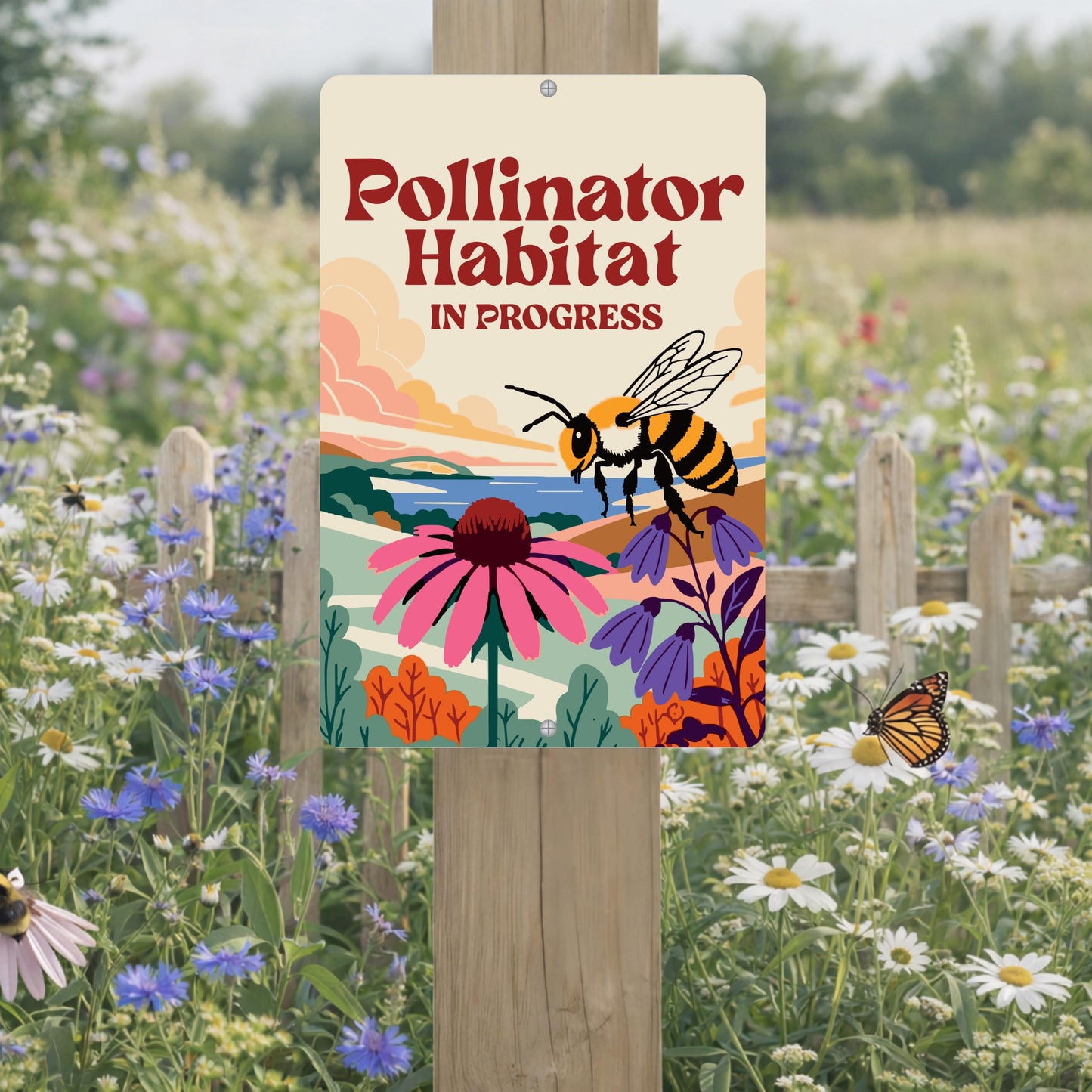 Pollinator Habitat In Progress Sign, 8x12 12x18 Bee Metal Illustration, Gift for Gardener