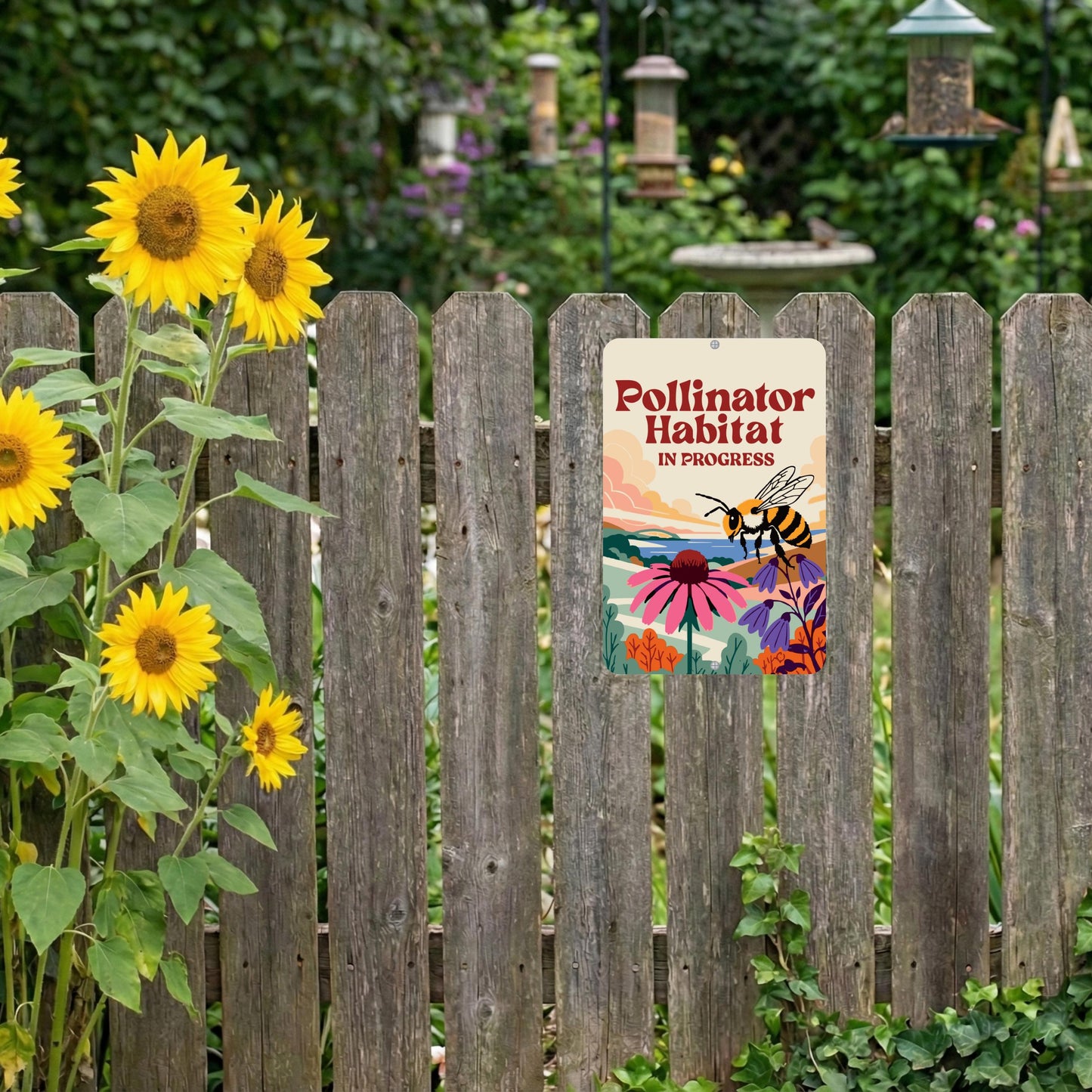 Pollinator Habitat In Progress Sign, 8x12 12x18 Bee Metal Illustration, Gift for Gardener