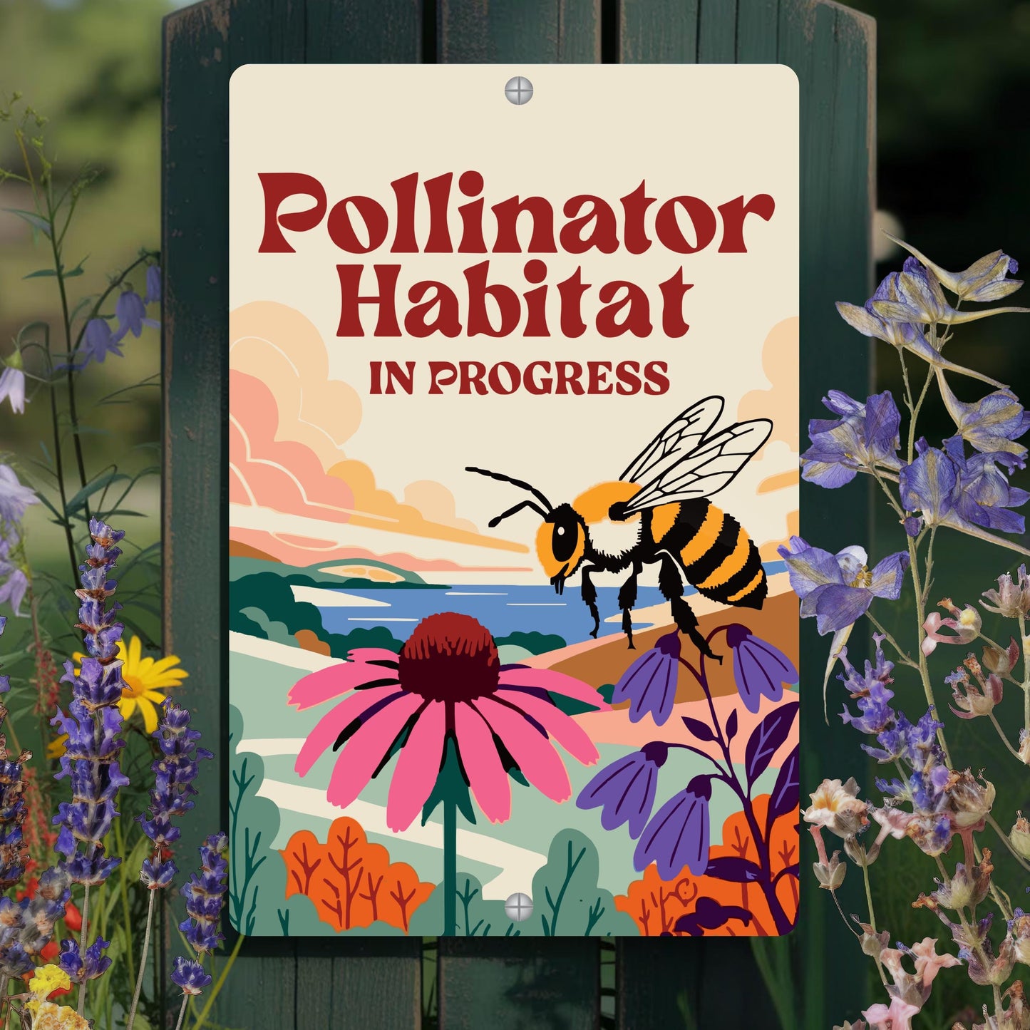 Pollinator Habitat In Progress Sign, 8x12 12x18 Bee Metal Illustration, Gift for Gardener