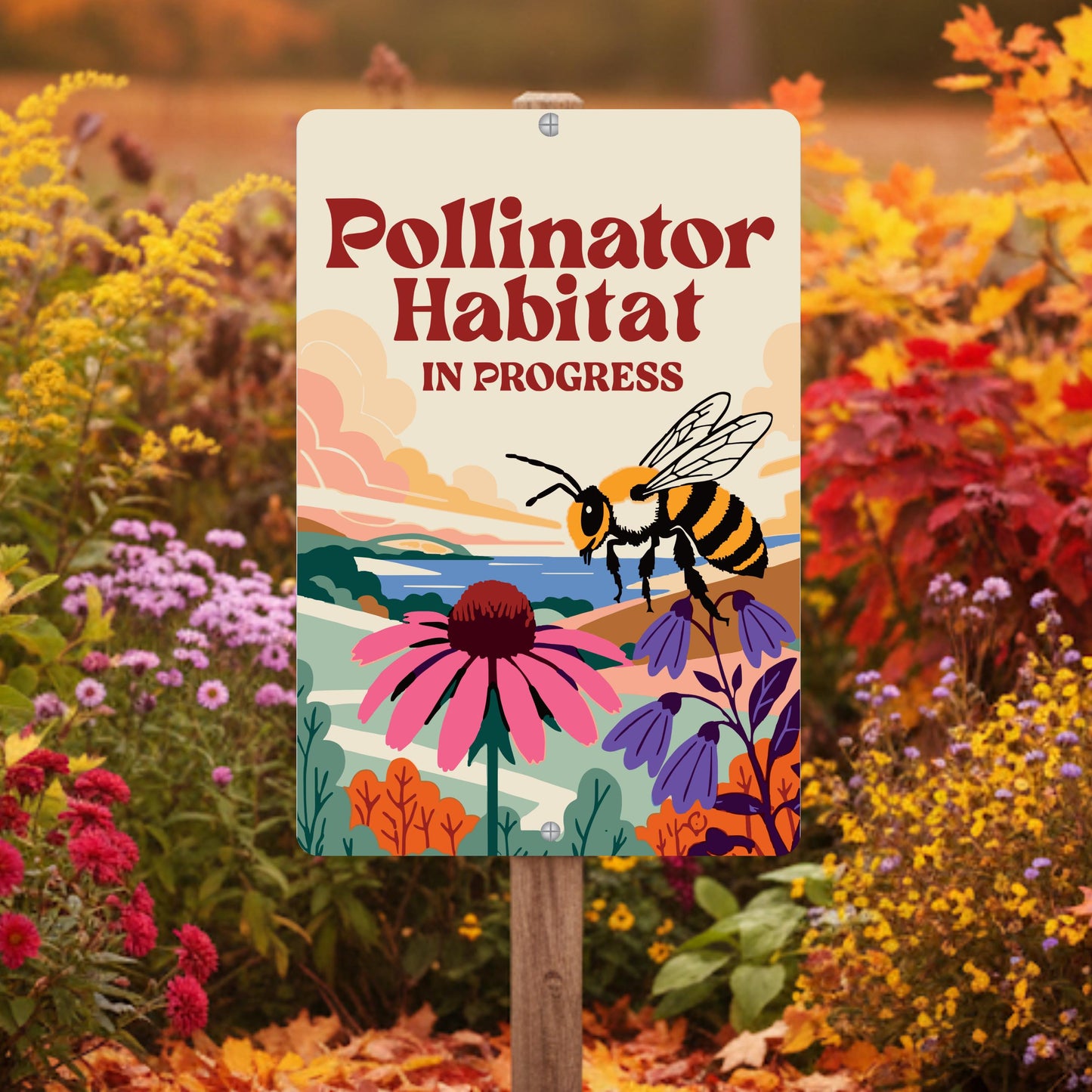 Pollinator Habitat In Progress Sign, 8x12 12x18 Bee Metal Illustration, Gift for Gardener