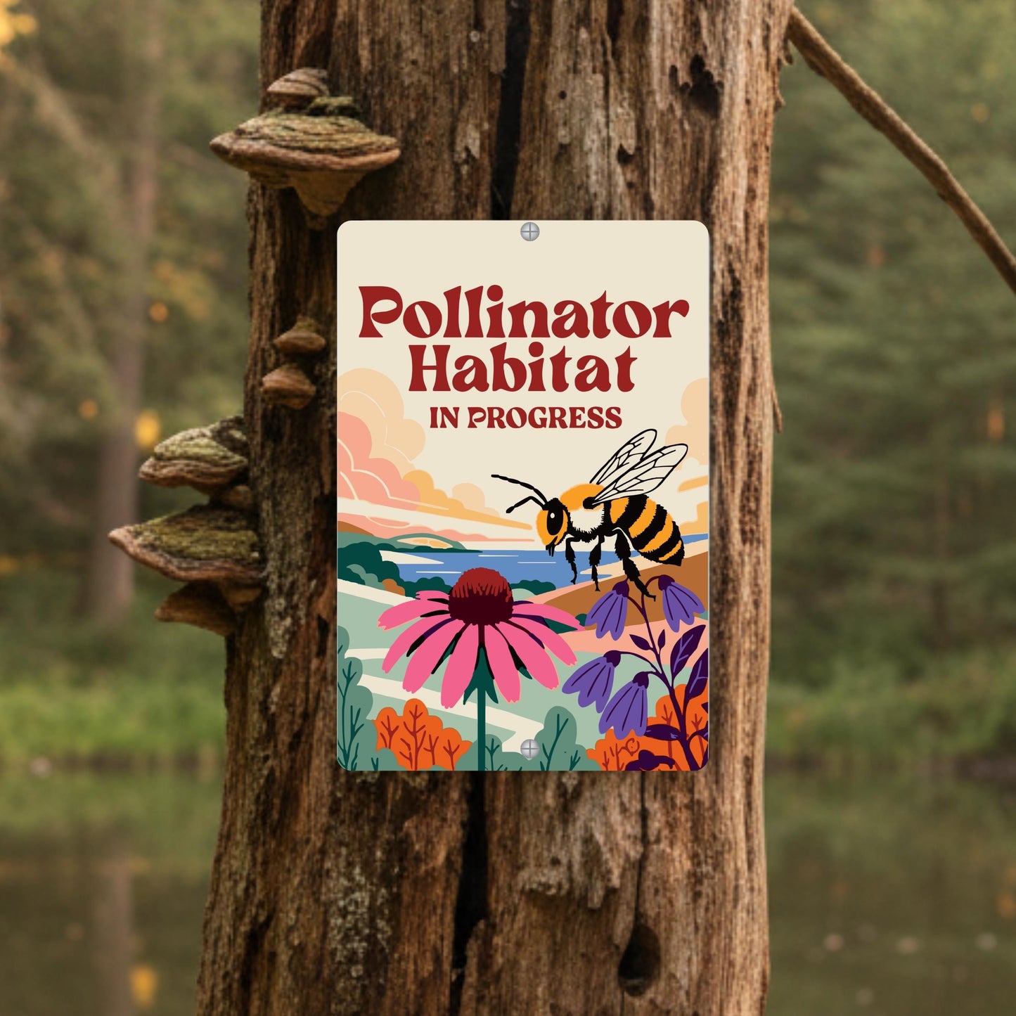 Pollinator Habitat In Progress Sign, 8x12 12x18 Bee Metal Illustration, Gift for Gardener