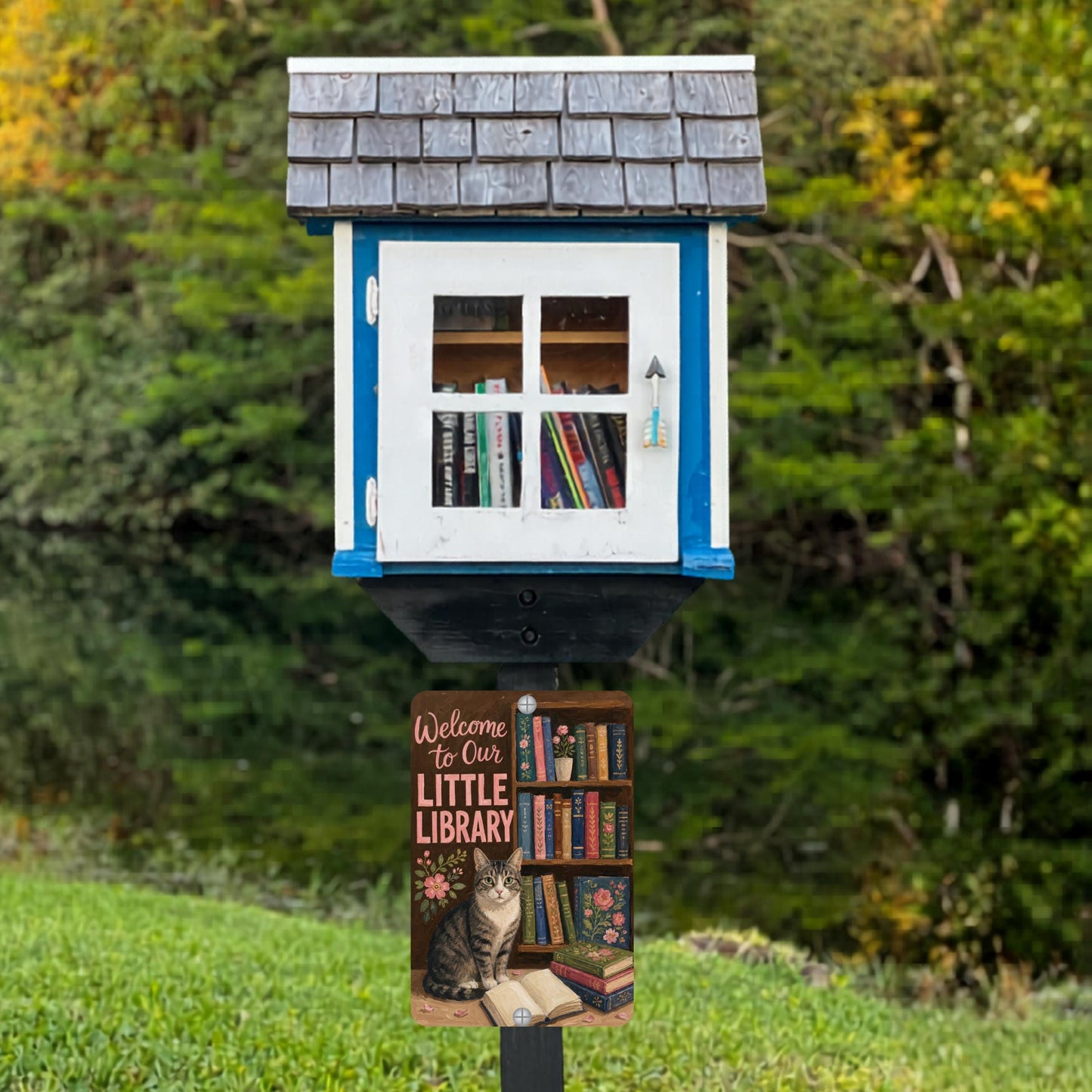 Tabby Cat Outdoor Library Sign