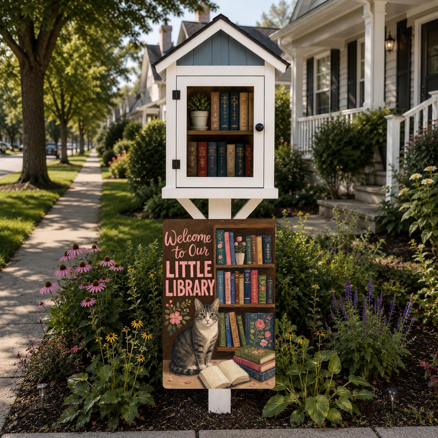 Tabby Cat Outdoor Library Sign