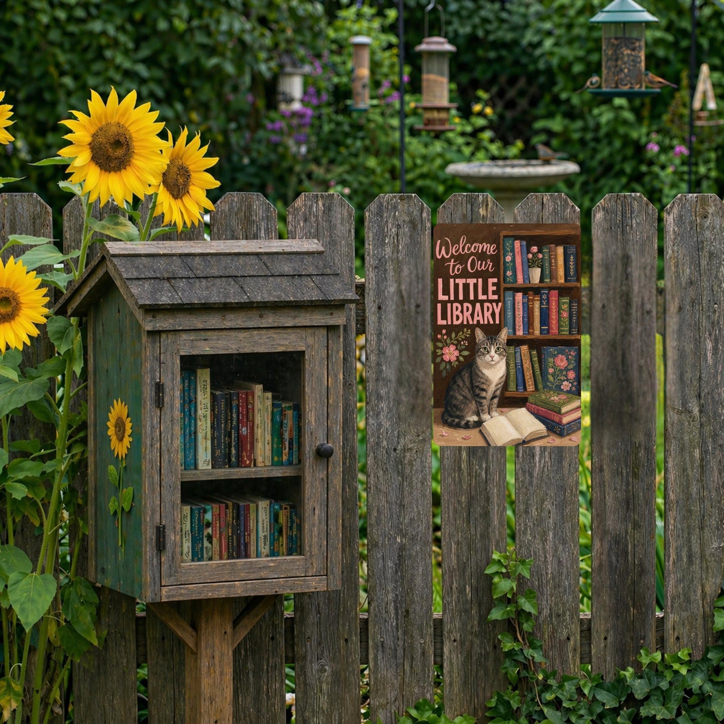 Tabby Cat Outdoor Library Sign