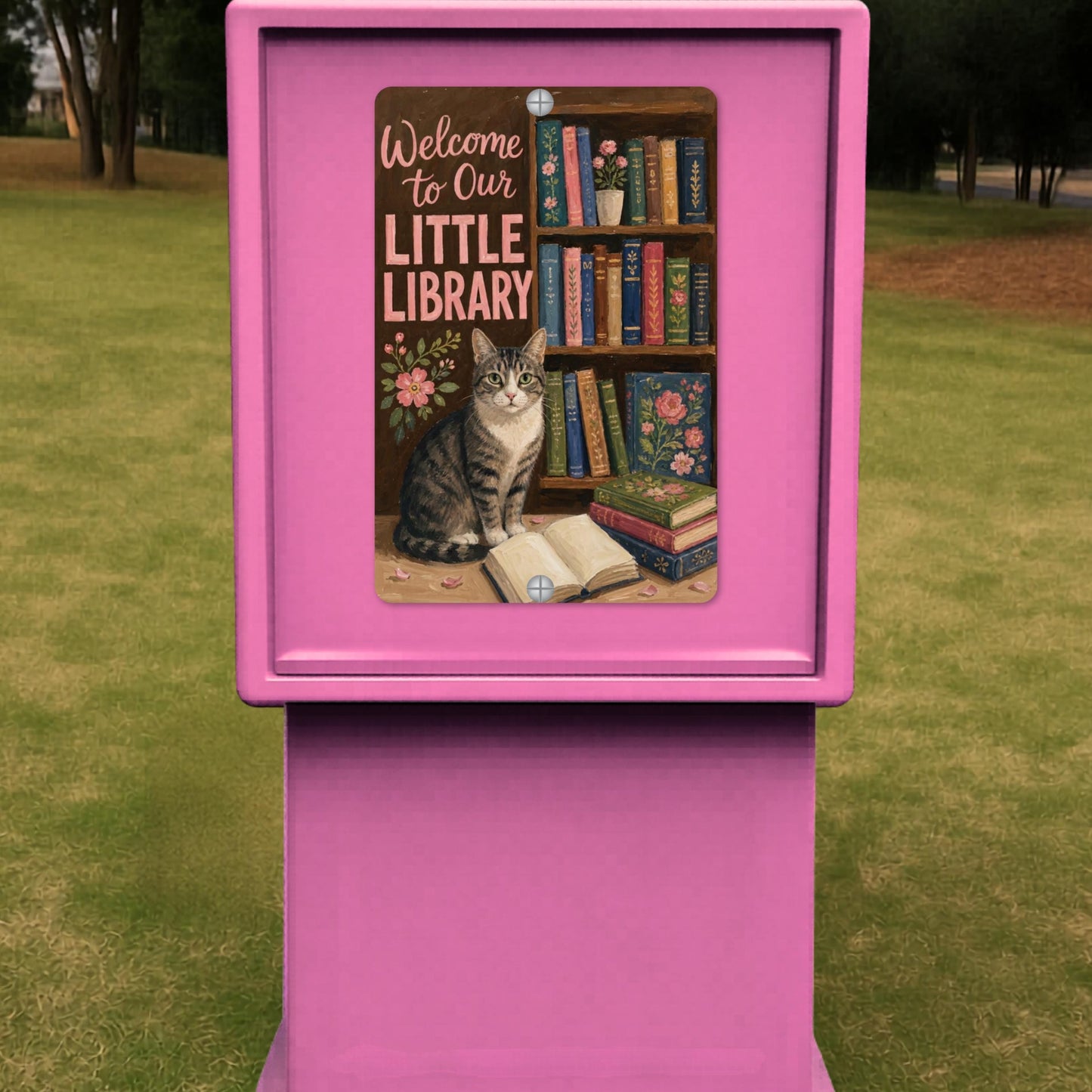 Tabby Cat Outdoor Library Sign