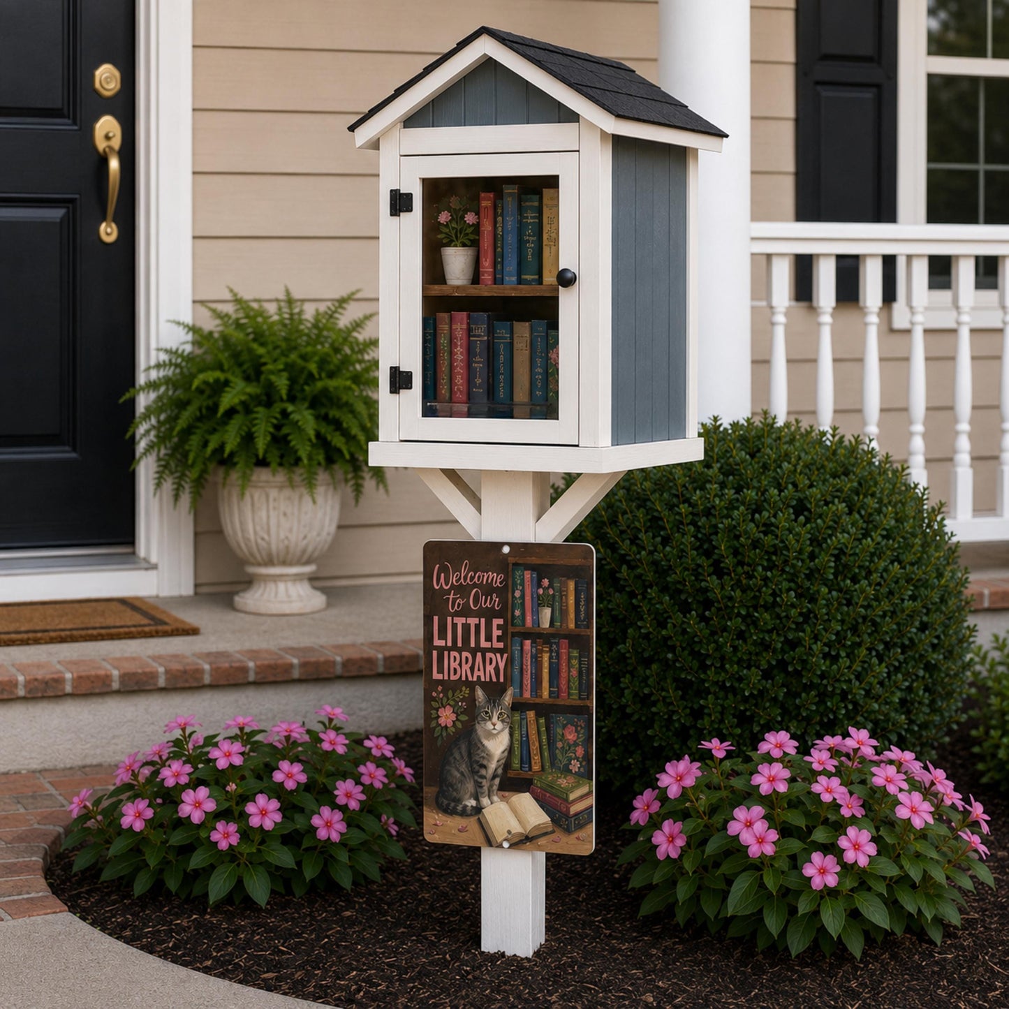 Tabby Cat Outdoor Library Sign