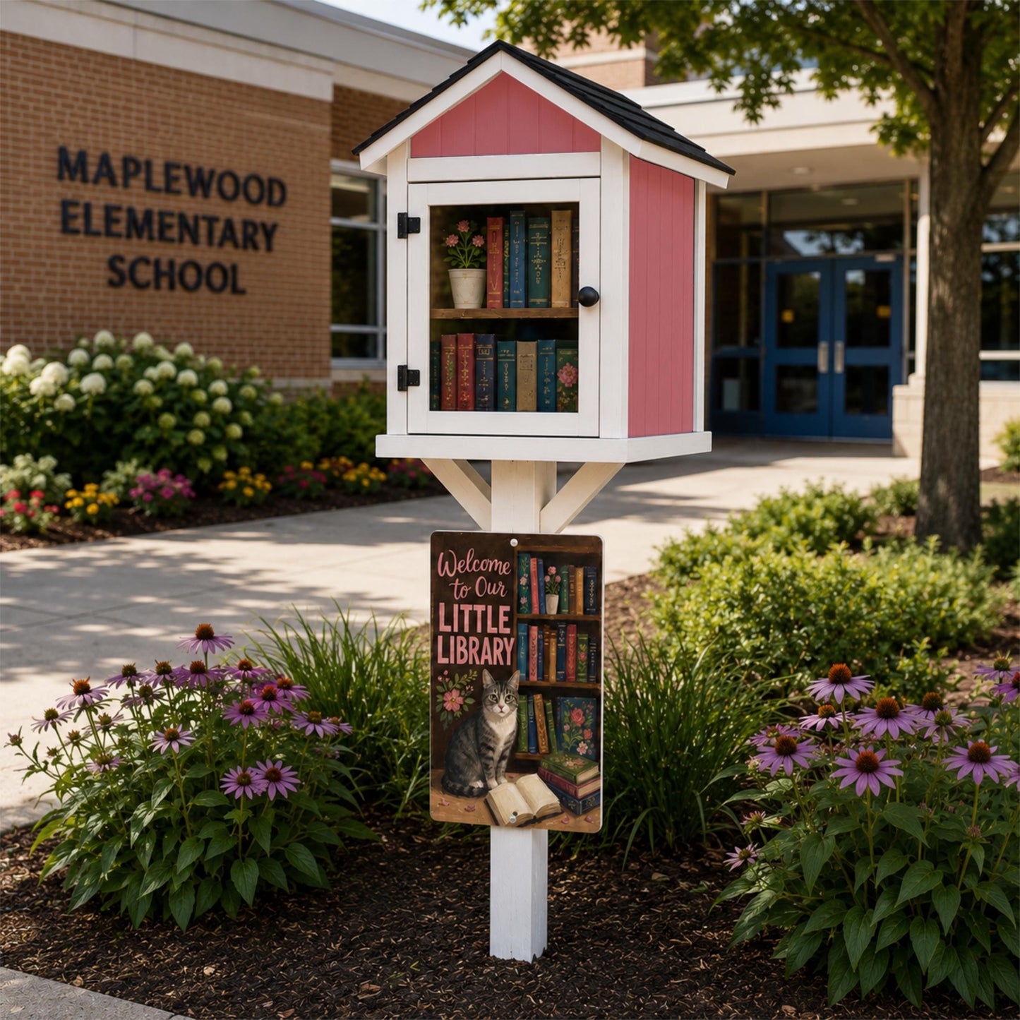 Tabby Cat Outdoor Library Sign