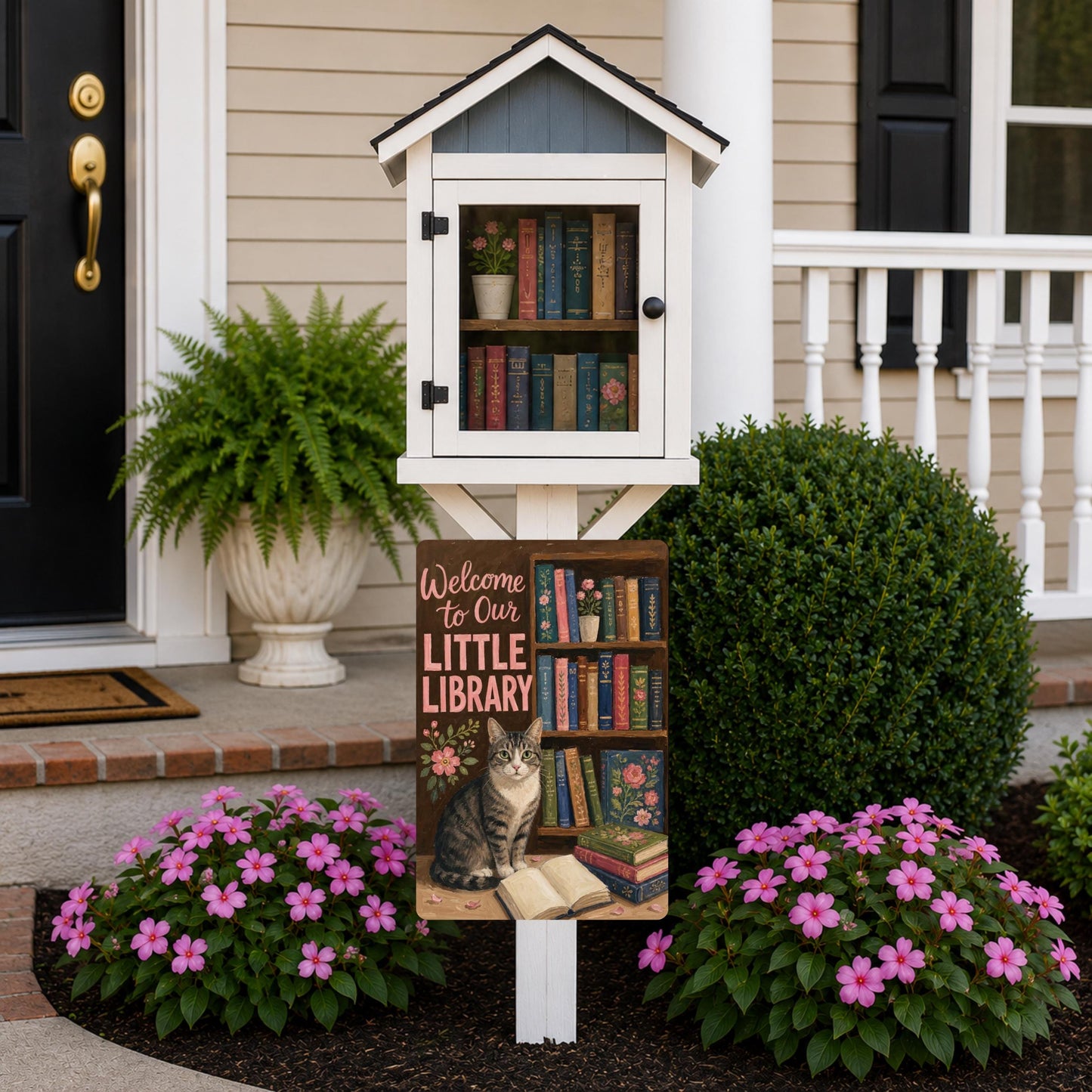 Tabby Cat Outdoor Library Sign