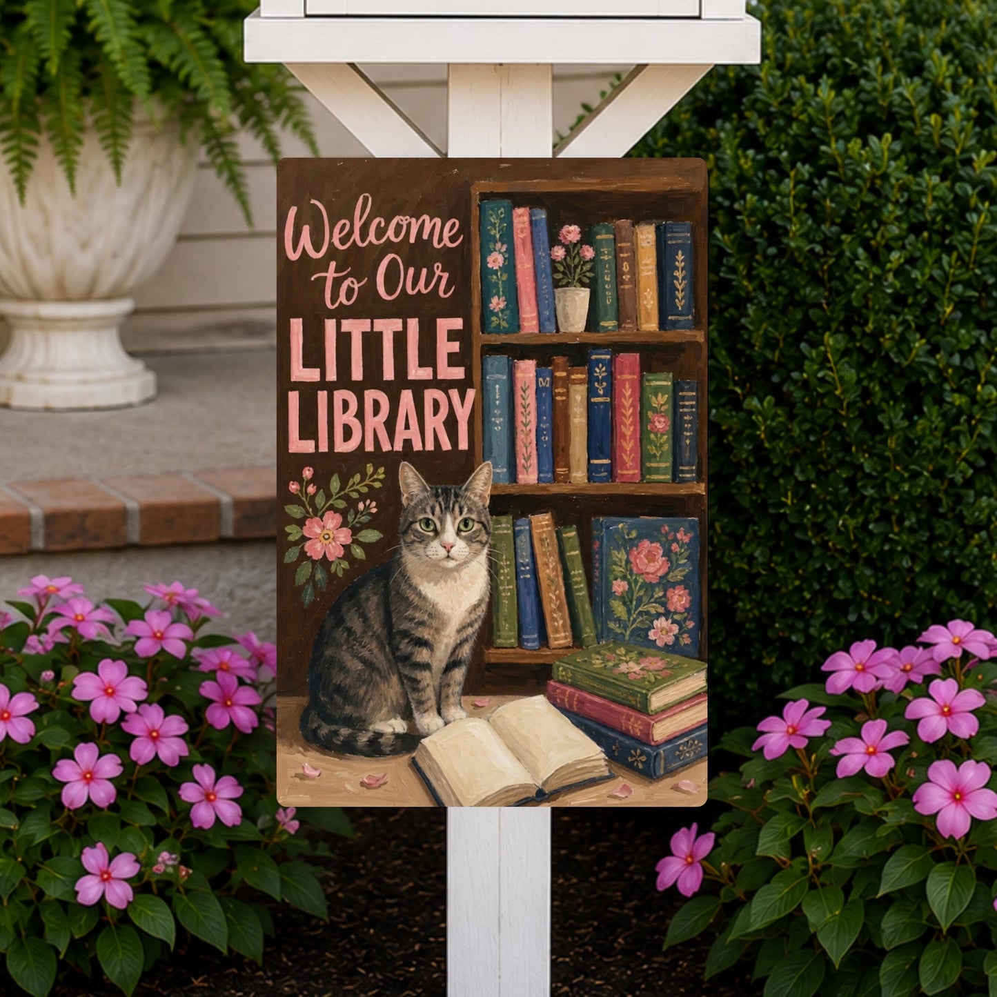 Tabby Cat Outdoor Library Sign