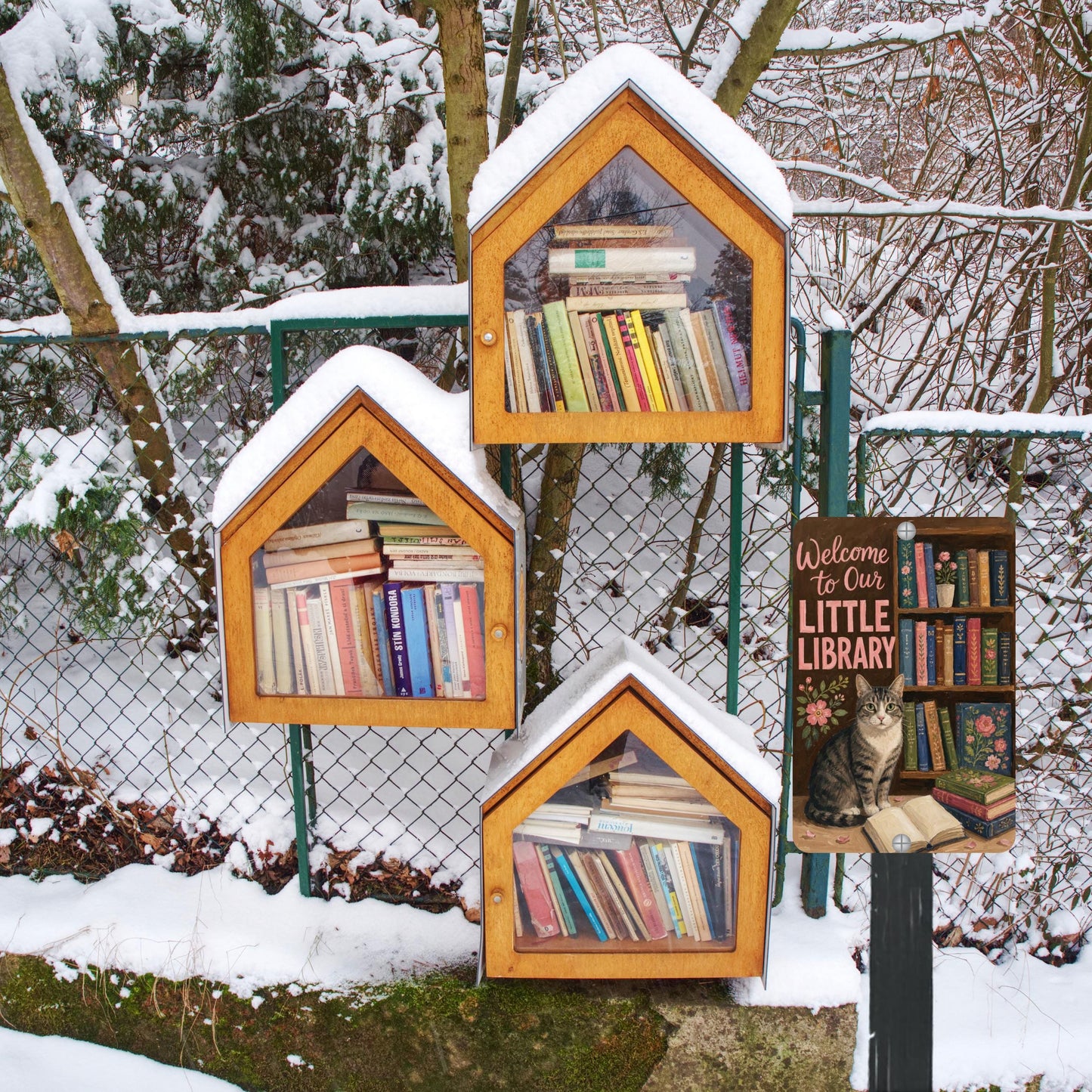 Tabby Cat Outdoor Library Sign