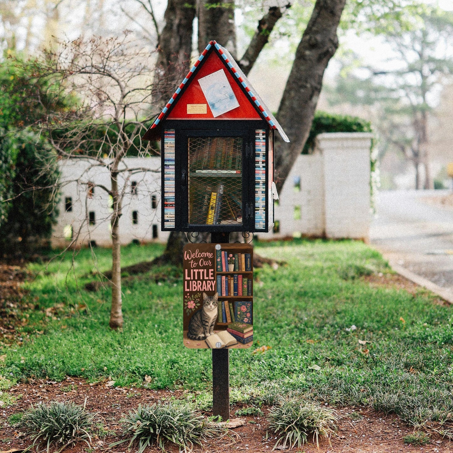Tabby Cat Outdoor Library Sign