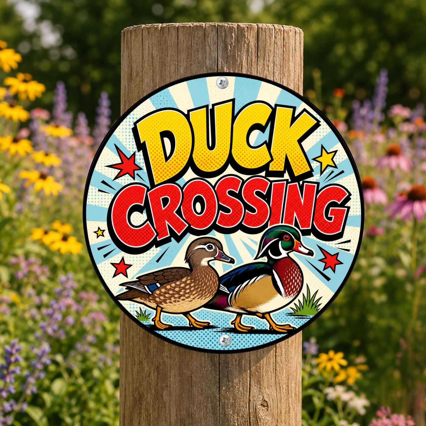 Duck Crossing Round Metal Sign