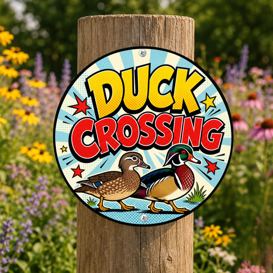 Duck Crossing Round Metal Sign