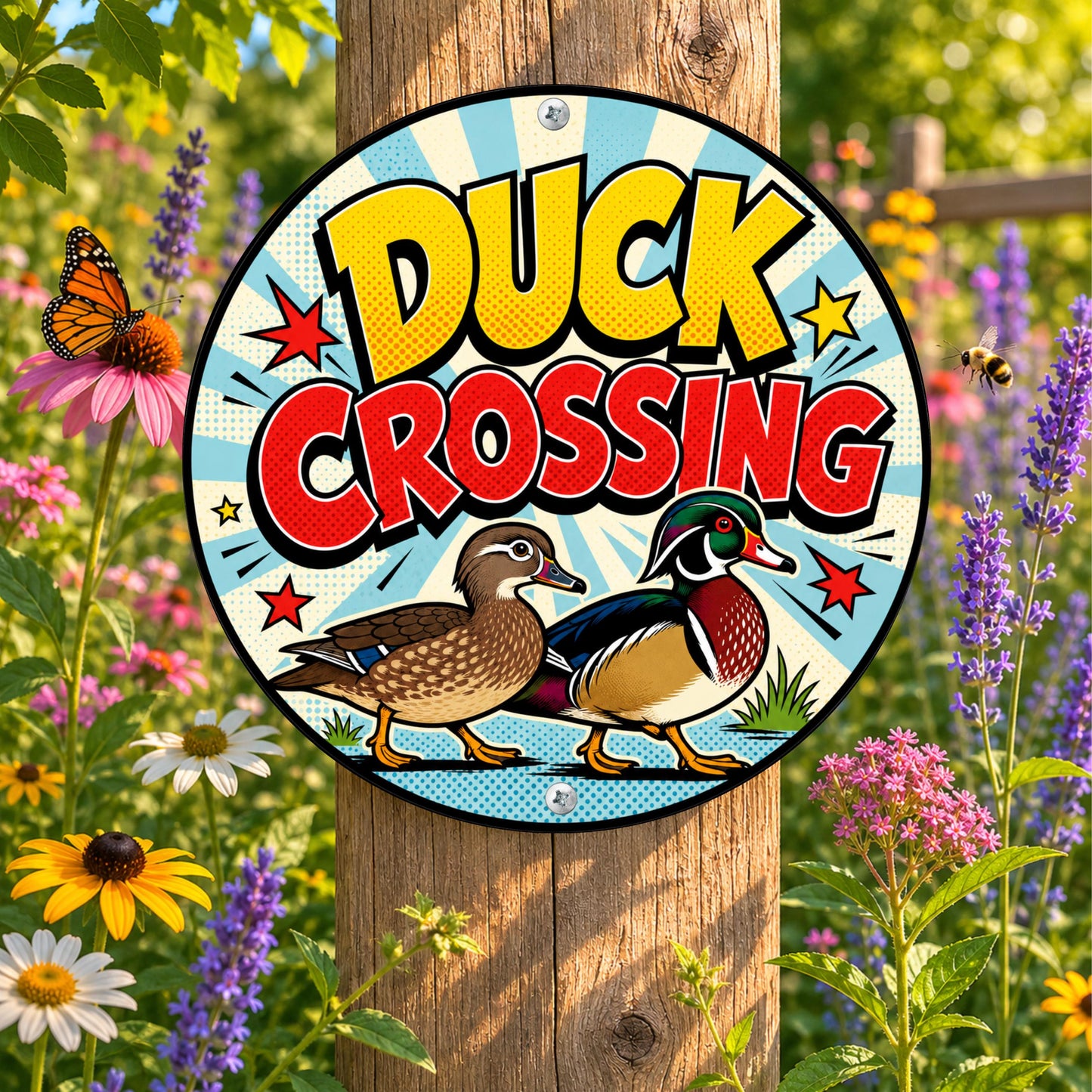 Duck Crossing Round Metal Sign