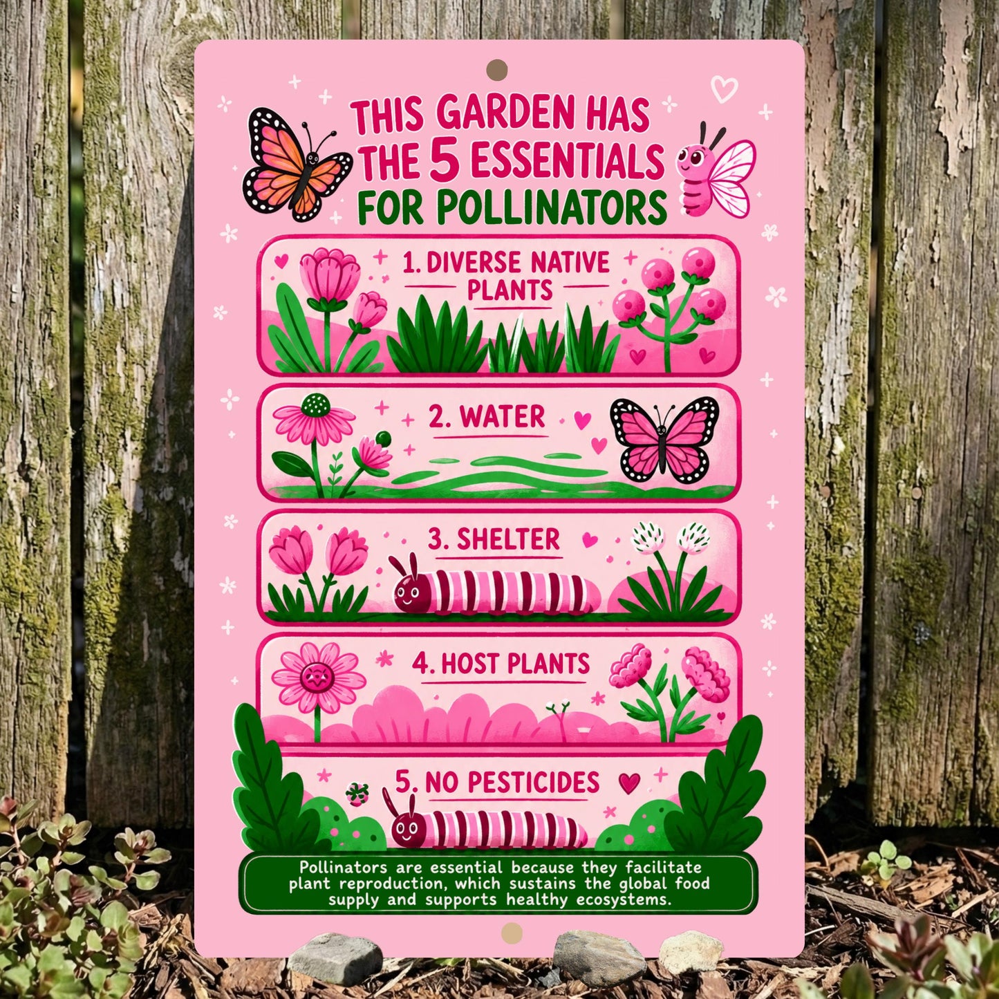 Pink 5 Essentials for Pollinators Metal Sign