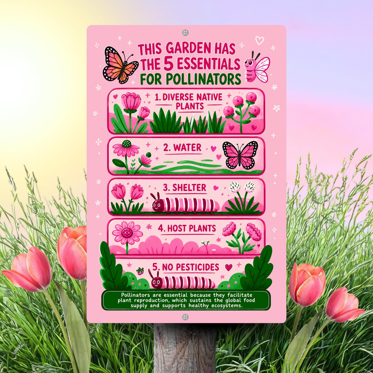 Pink 5 Essentials for Pollinators Metal Sign
