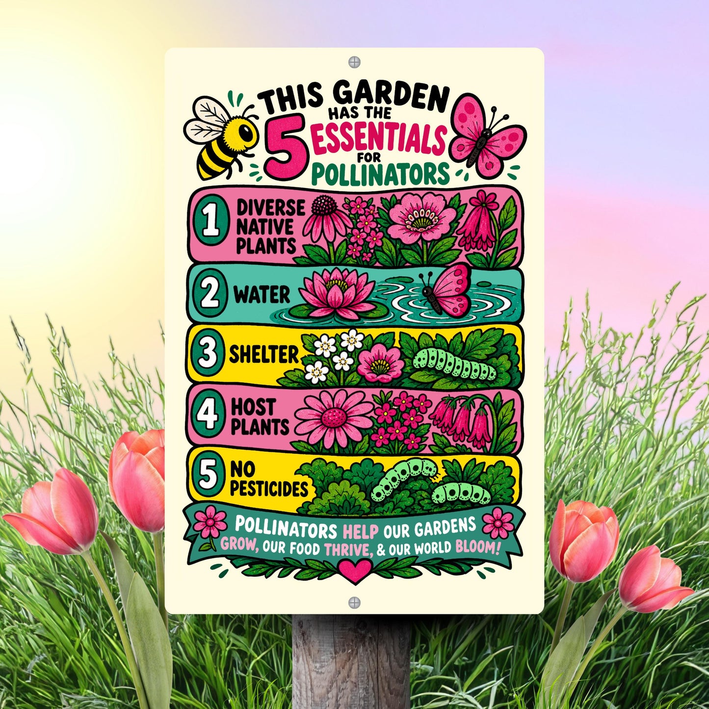 5 Essentials for Pollinators Metal Sign