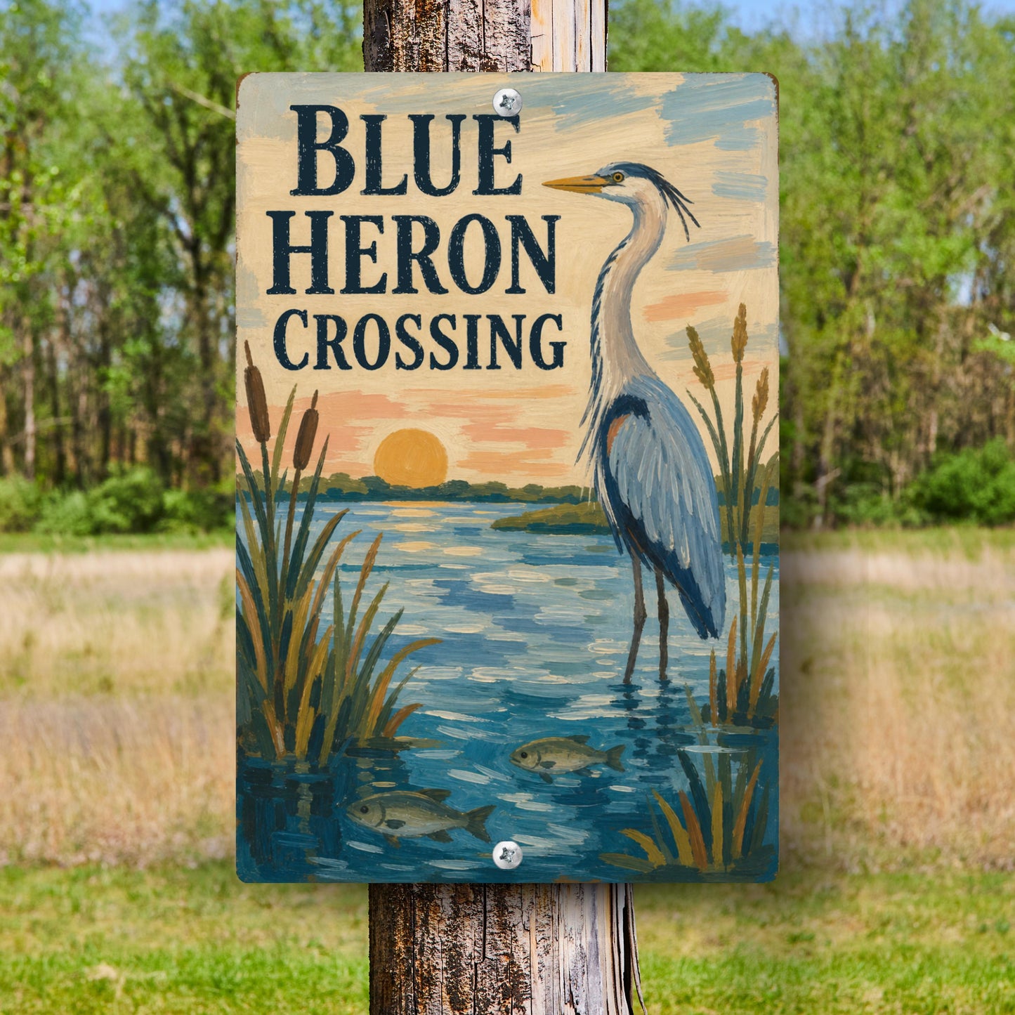 Blue Heron Crossing Metal Sign