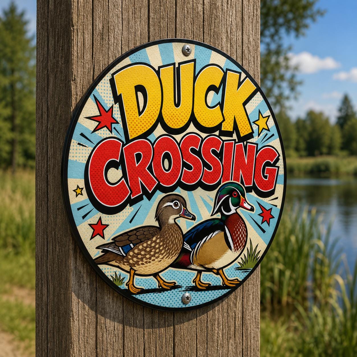Duck Crossing Round Metal Sign