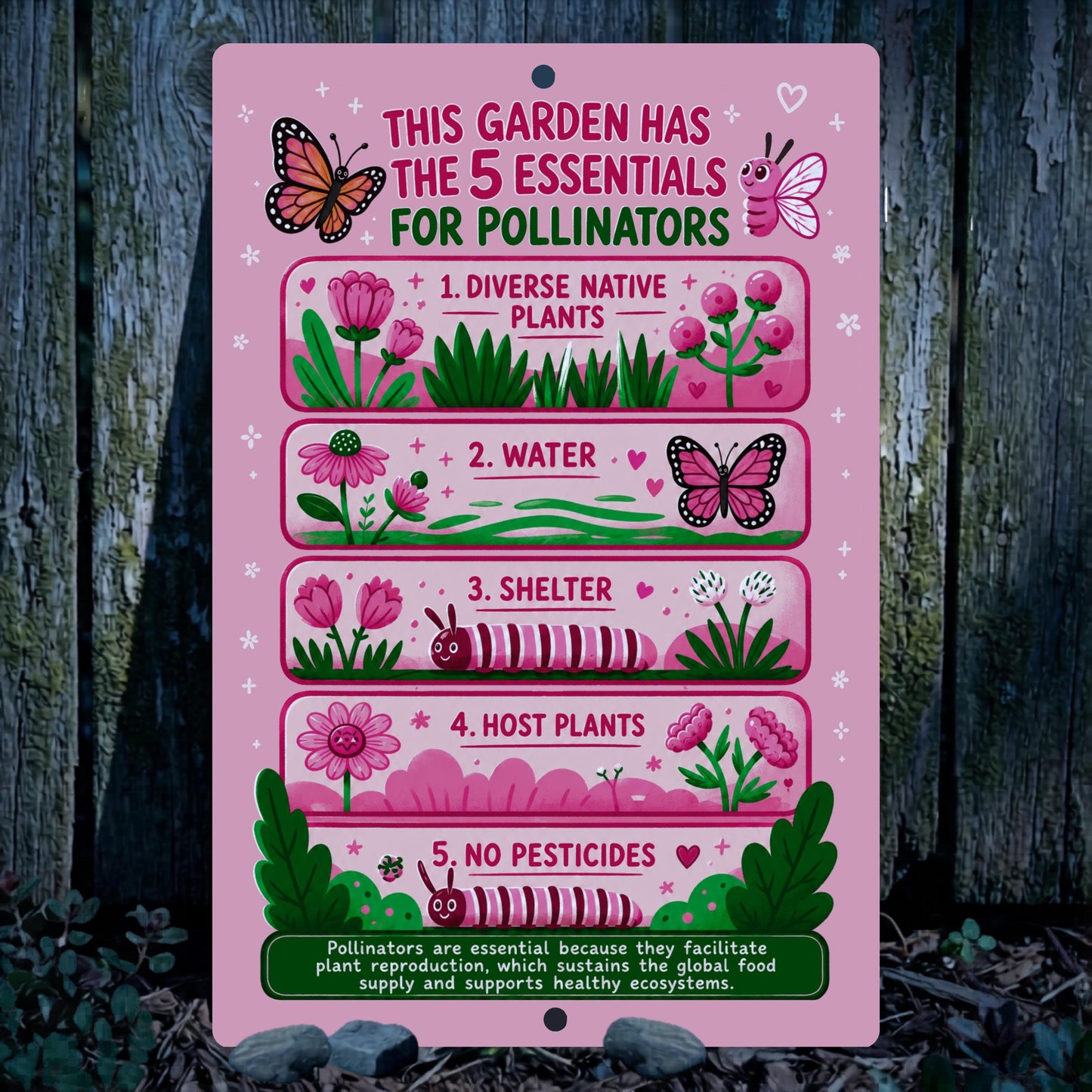 Pink 5 Essentials for Pollinators Metal Sign