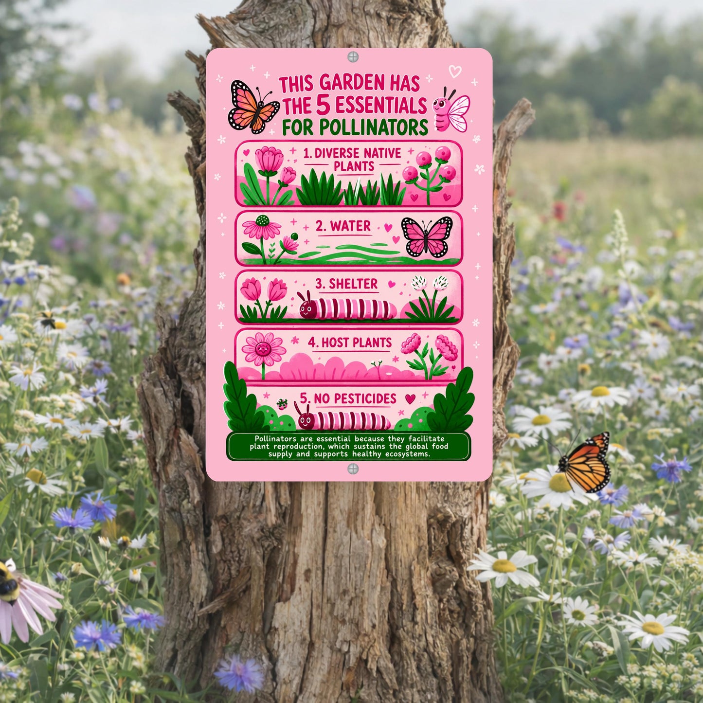 Pink 5 Essentials for Pollinators Metal Sign