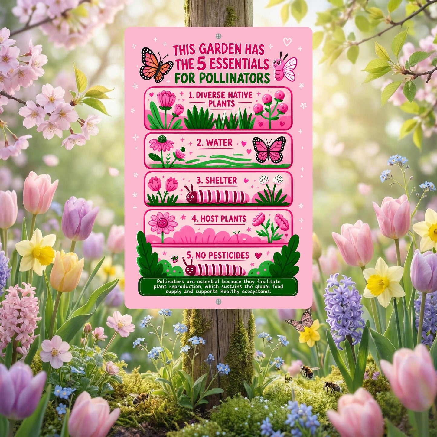Pink 5 Essentials for Pollinators Metal Sign