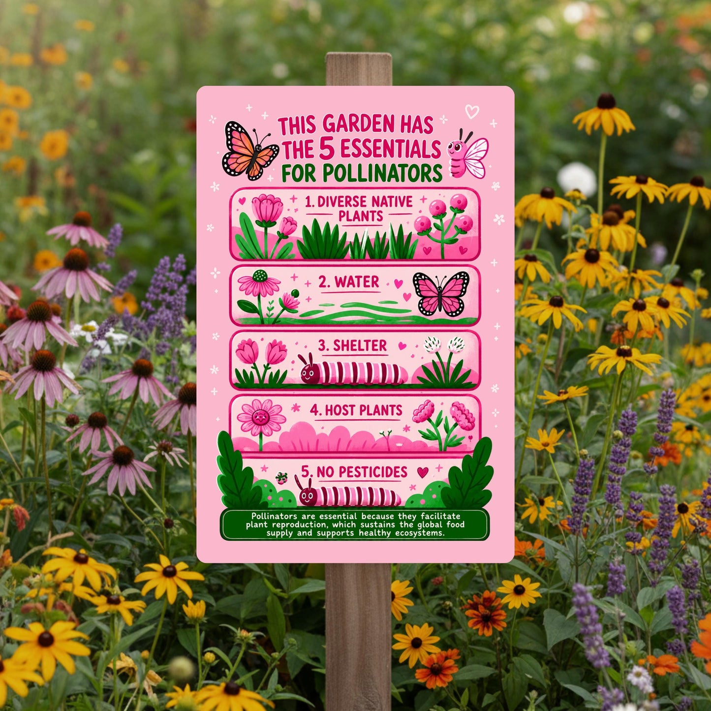 Pink 5 Essentials for Pollinators Metal Sign
