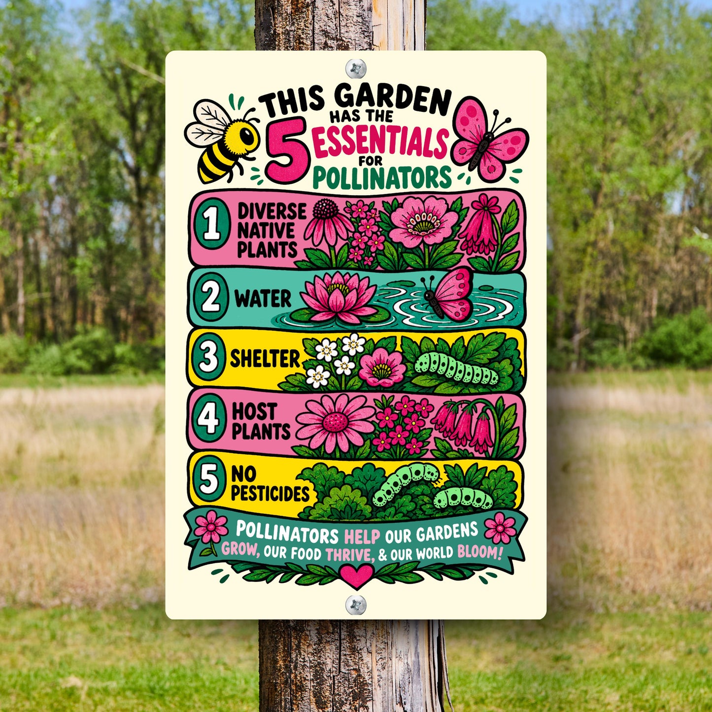 5 Essentials for Pollinators Metal Sign