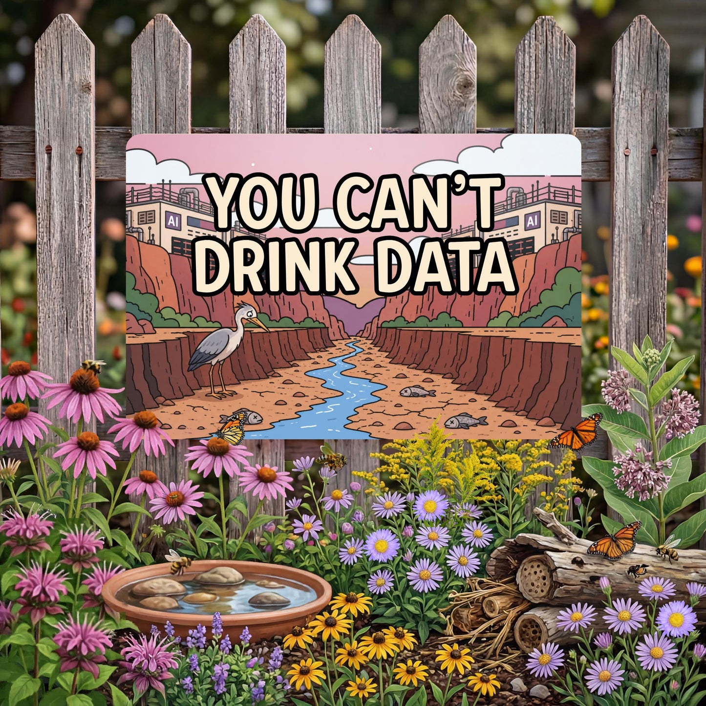You Can't Drink Data Metal Sign - Anti AI Yard Art - Conservation Protest Sign - Outdoor Decor