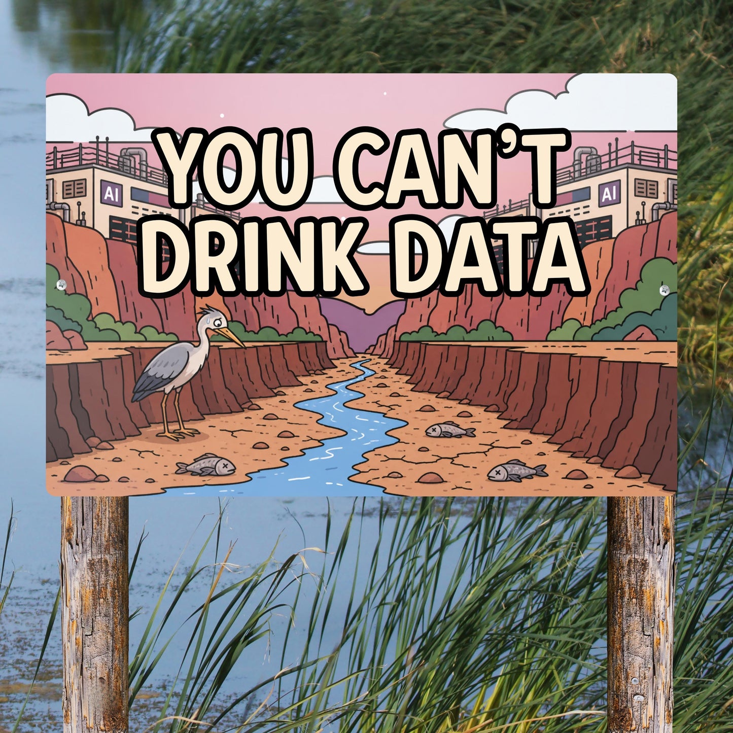 You Can't Drink Data Metal Sign - Anti AI Yard Art - Conservation Protest Sign - Outdoor Decor