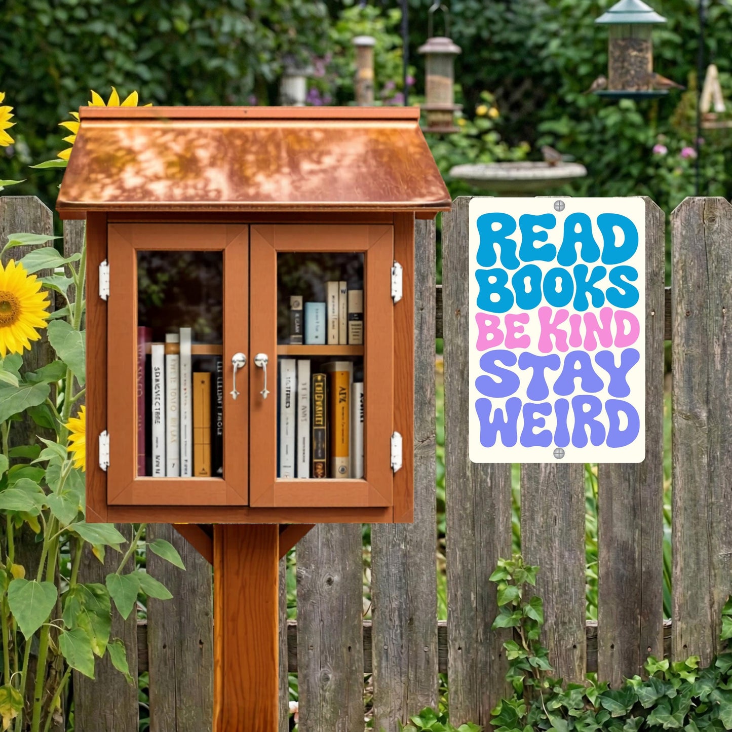Read Books Be King Stay Weird Metal Sign - Outdoor Art Yard Decor - Gift for Librarian