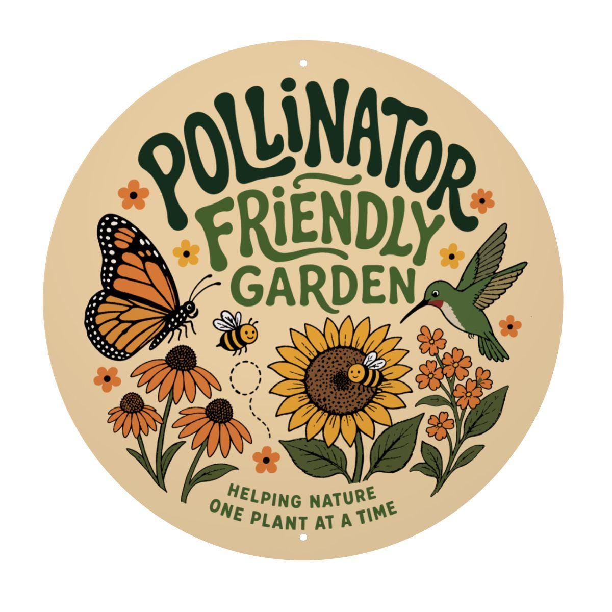 Pollinator Friendly Garden Round Sign, Outdoor Metal Yard Decor, Gift for Gardener