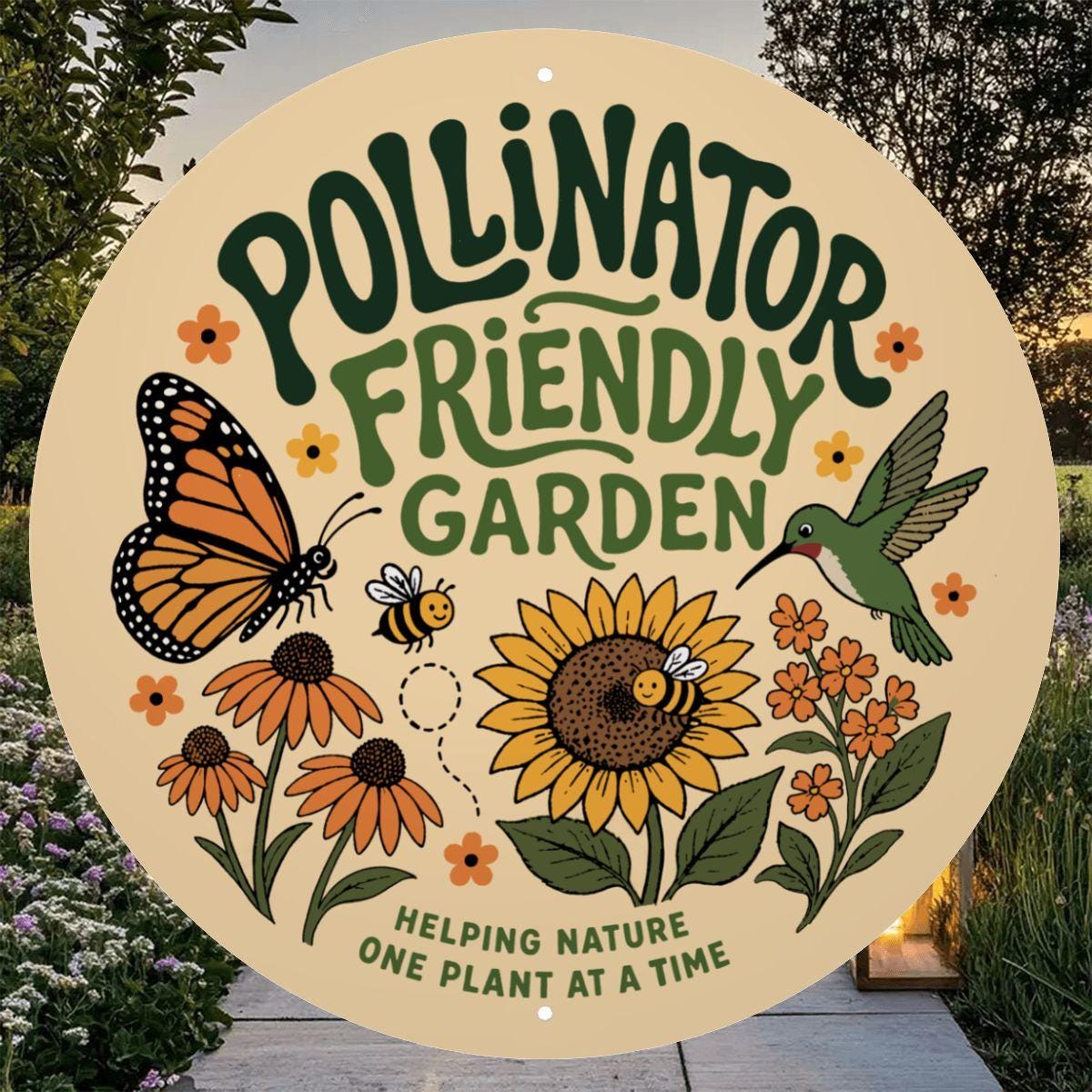Pollinator Friendly Garden Round Sign, Outdoor Metal Yard Decor, Gift for Gardener