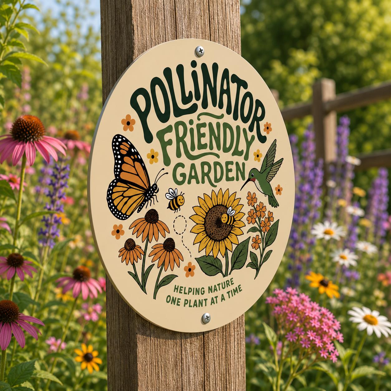 Pollinator Friendly Garden Round Sign, Outdoor Metal Yard Decor, Gift for Gardener