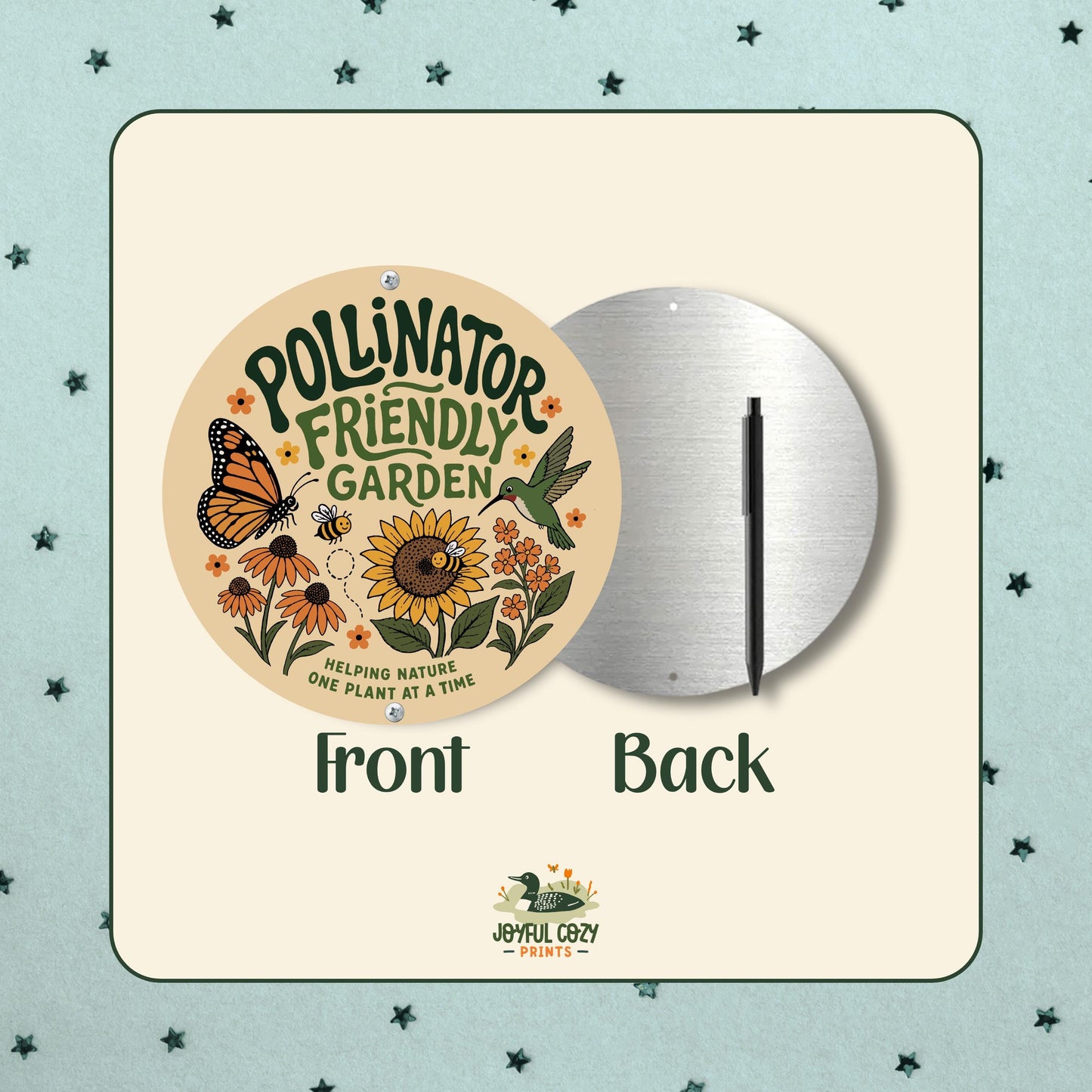 Pollinator Friendly Garden Round Sign, Outdoor Metal Yard Decor, Gift for Gardener