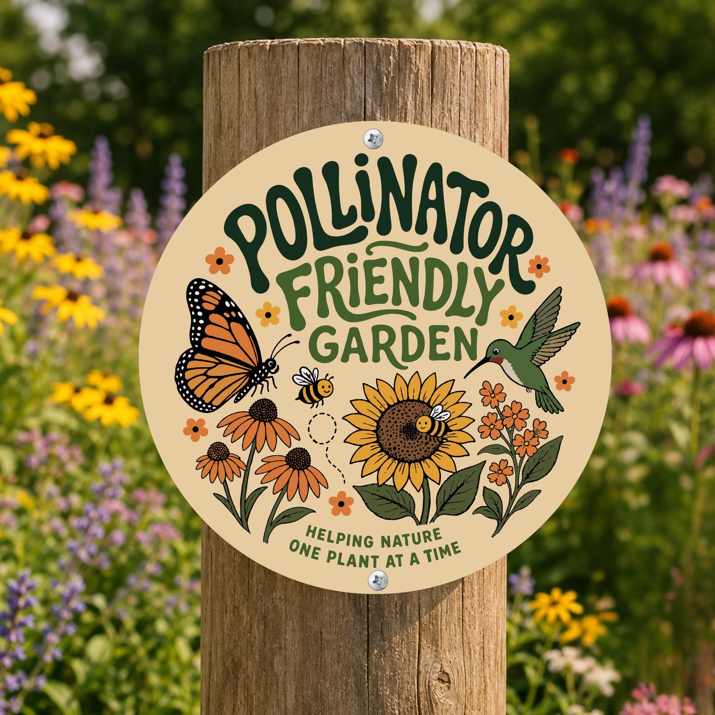 Pollinator Friendly Garden Round Sign, Outdoor Metal Yard Decor, Gift for Gardener